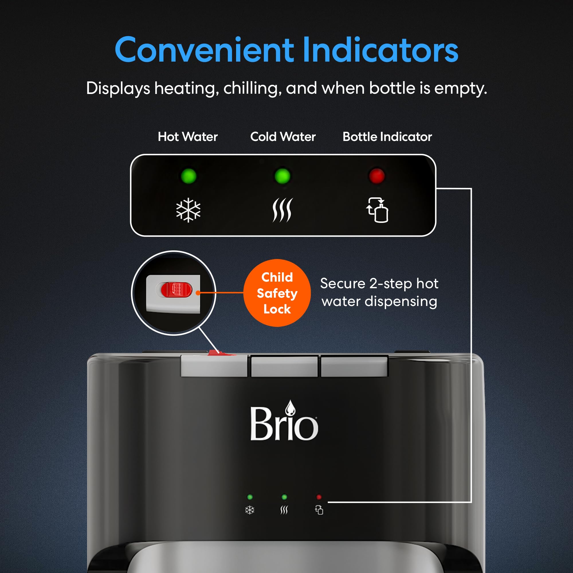 Brio Bottom Loading Water Cooler Dispenser for 5 Gallon Bottles - 3 Temperature Settings (Hot, Room, Cold) with Child Safety Lock, LED Display & Empty Bottle Alert - Stainless Steel Office & Home Water Dispenser for Kitchen, Breakroom, or Workplace Hydration