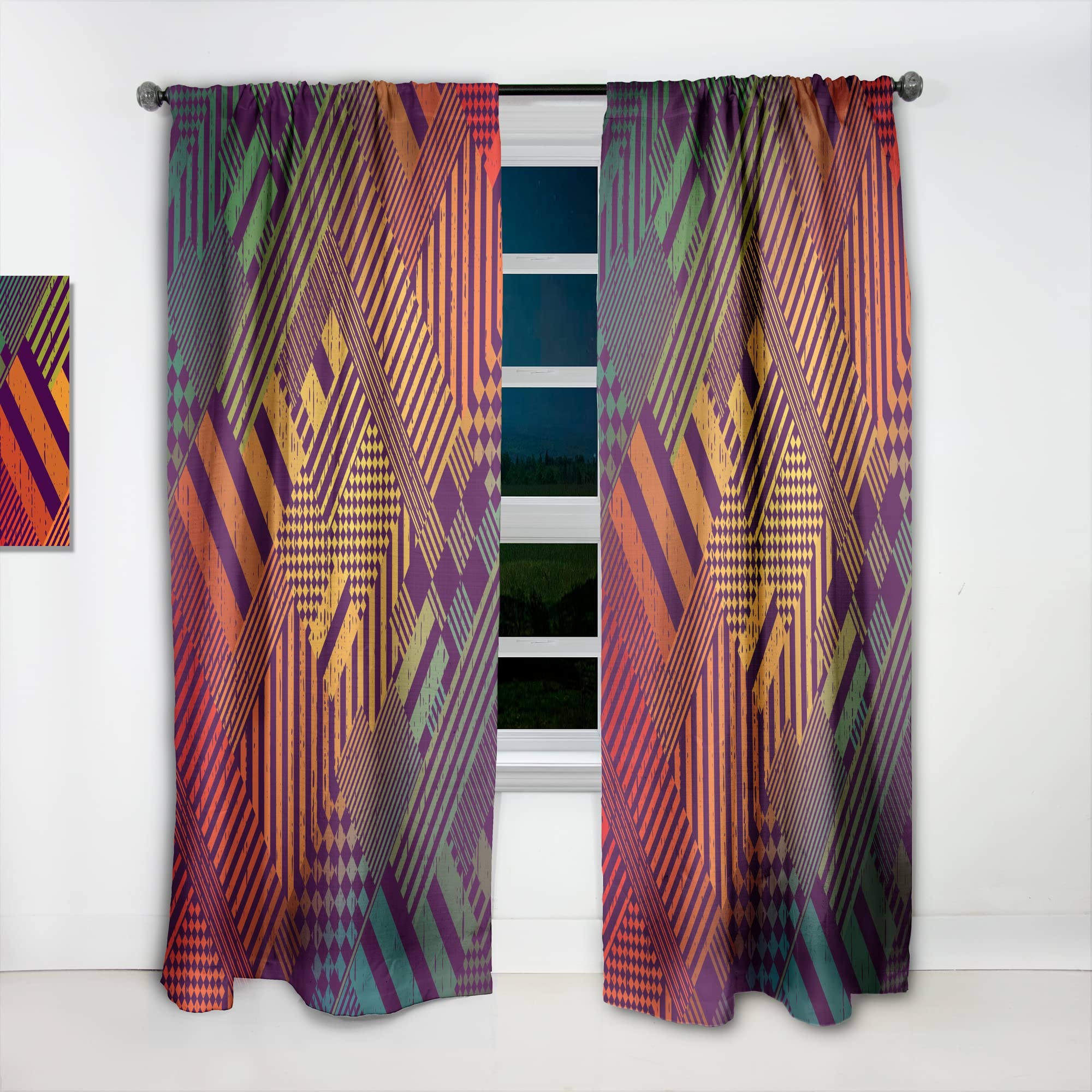 Grungy Geometric Abstract Curtains in Green, Yellow & Blue - Thermal Insulated Single Panel (52x120 inches) for Bedroom & Living Room - Modern Window Drapes for Home Decor & Light Blocking