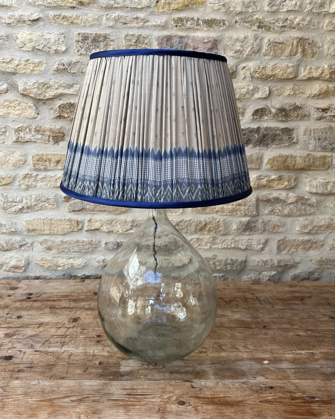 51cm Blue and Taupe Gingham Silk Sari Lampshade - Elegant Home Decor for Living Room, Bedroom & Boho Style Interior Design