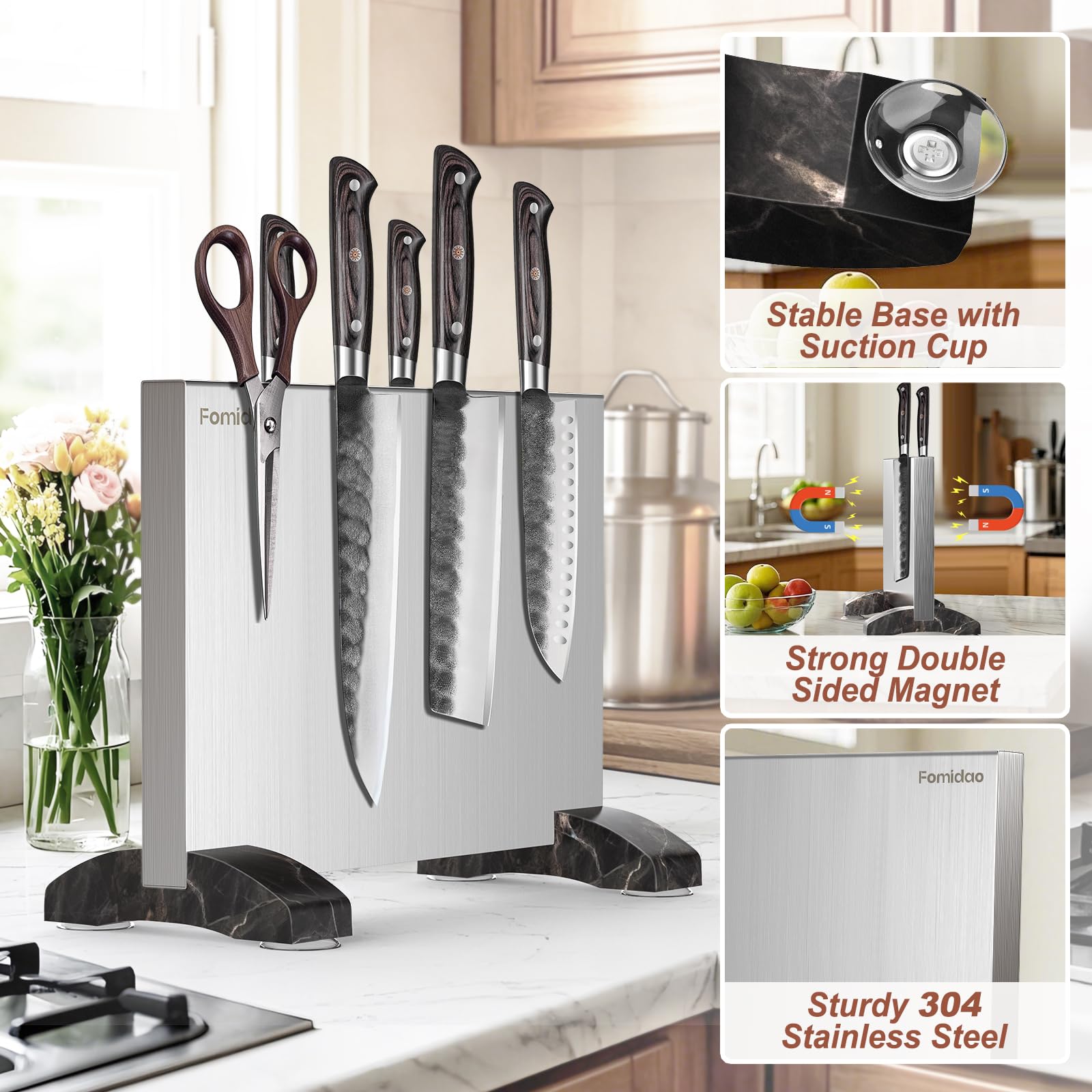 Stainless Steel Magnetic Knife Holder - Double Sided Knife Block & Countertop Knife Rack Strip for Kitchen Organization | Perfect for Chefs, Home Cooks & Kitchen Counter Storage