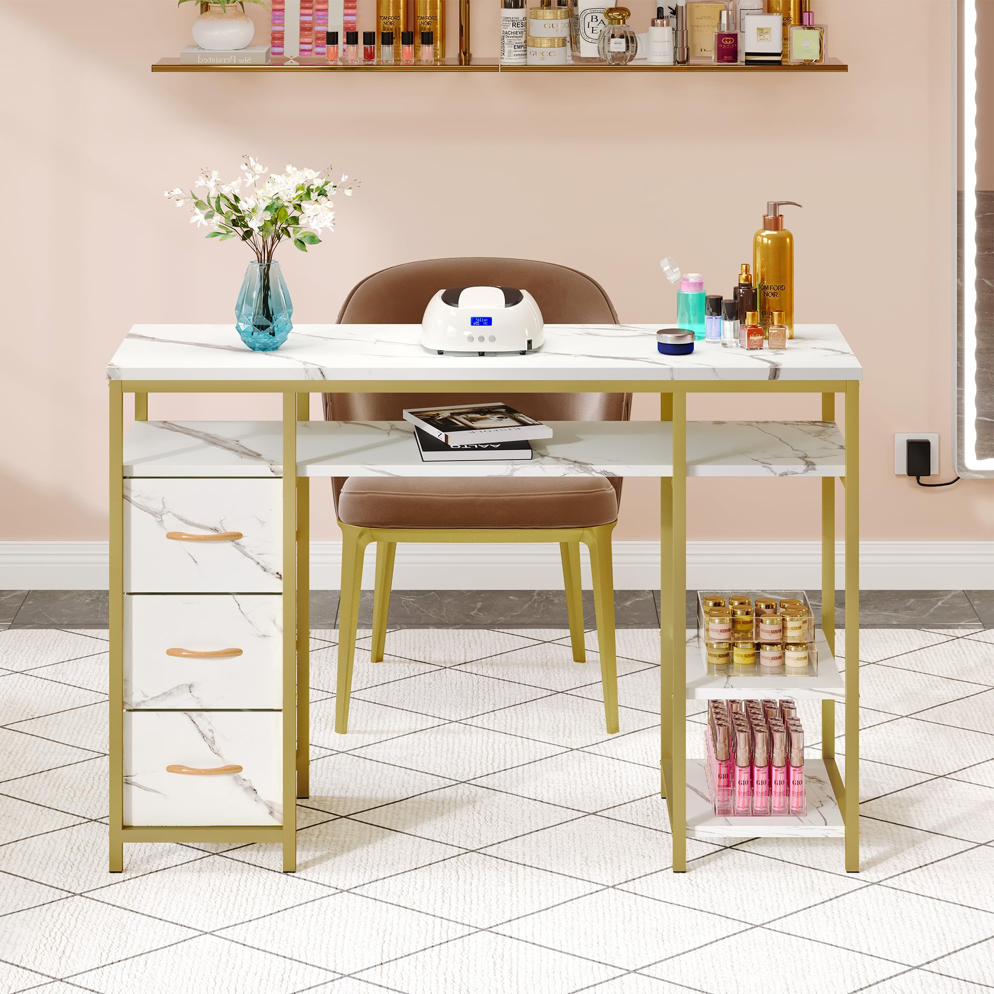 DWVO Nail Desk - Professional Manicure Table with 3 Drawers & Marble Texture | Acetone-Resistant Nail Tech Station for Salon & Spa | Perfect for Nail Artists & Beauty Professionals (White)
