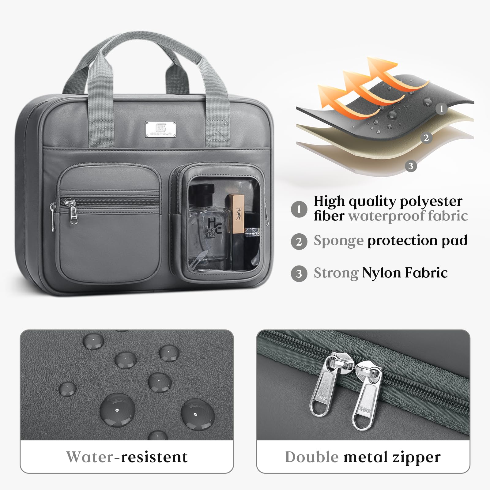 Large Water-Resistant Leather Travel Makeup Bag for Women - Hanging Cosmetic Organizer with Elastic Band Holders, PU Grey - Perfect for Travel Size Toiletries & On-the-Go Beauty Essentials