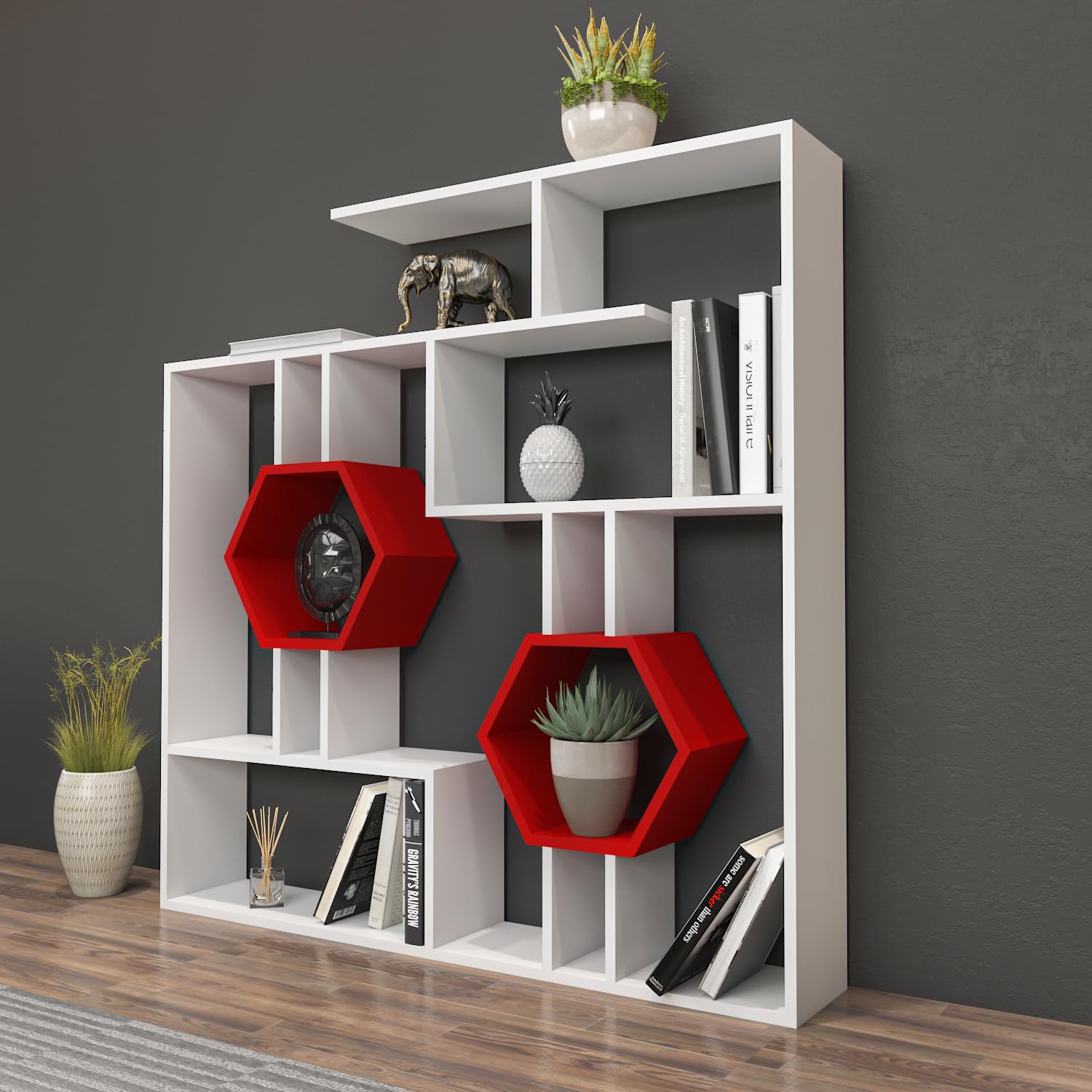 Decorotika Tamara Geometric Bookcase - Modern White & Red Cubic Bookshelf with Storage | Perfect for Living Room, Bedroom & Office Organization