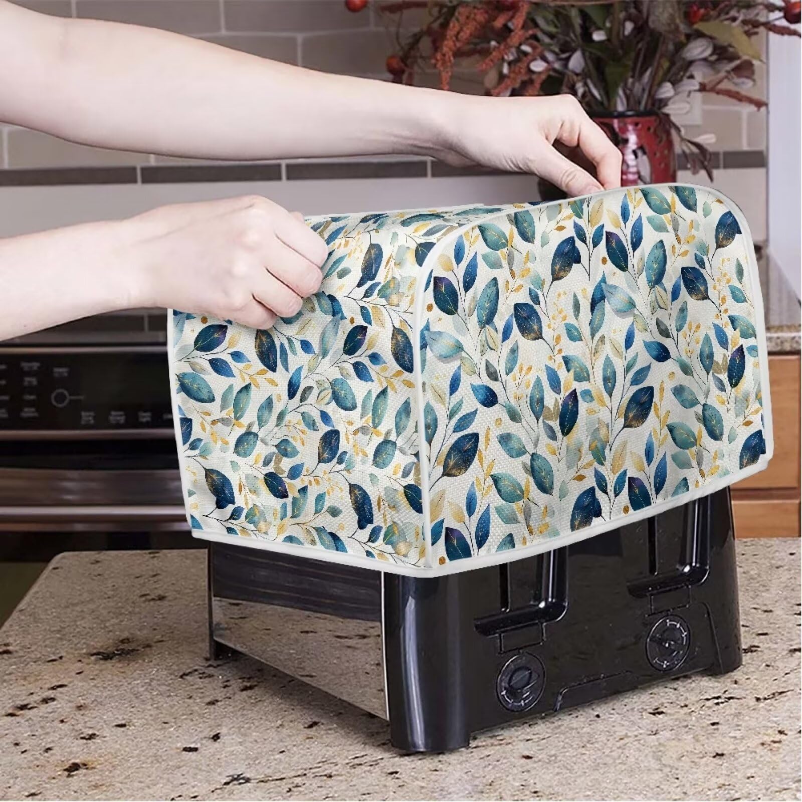 2 Slice Toaster Cover - Dustproof & Fingerprint Protection Toaster Oven Cover for Kitchen - Blue Gold Leaf Design - Perfect Gift for Mom, Wife & Friends (Use: Keep Toaster Clean While Not in Use)