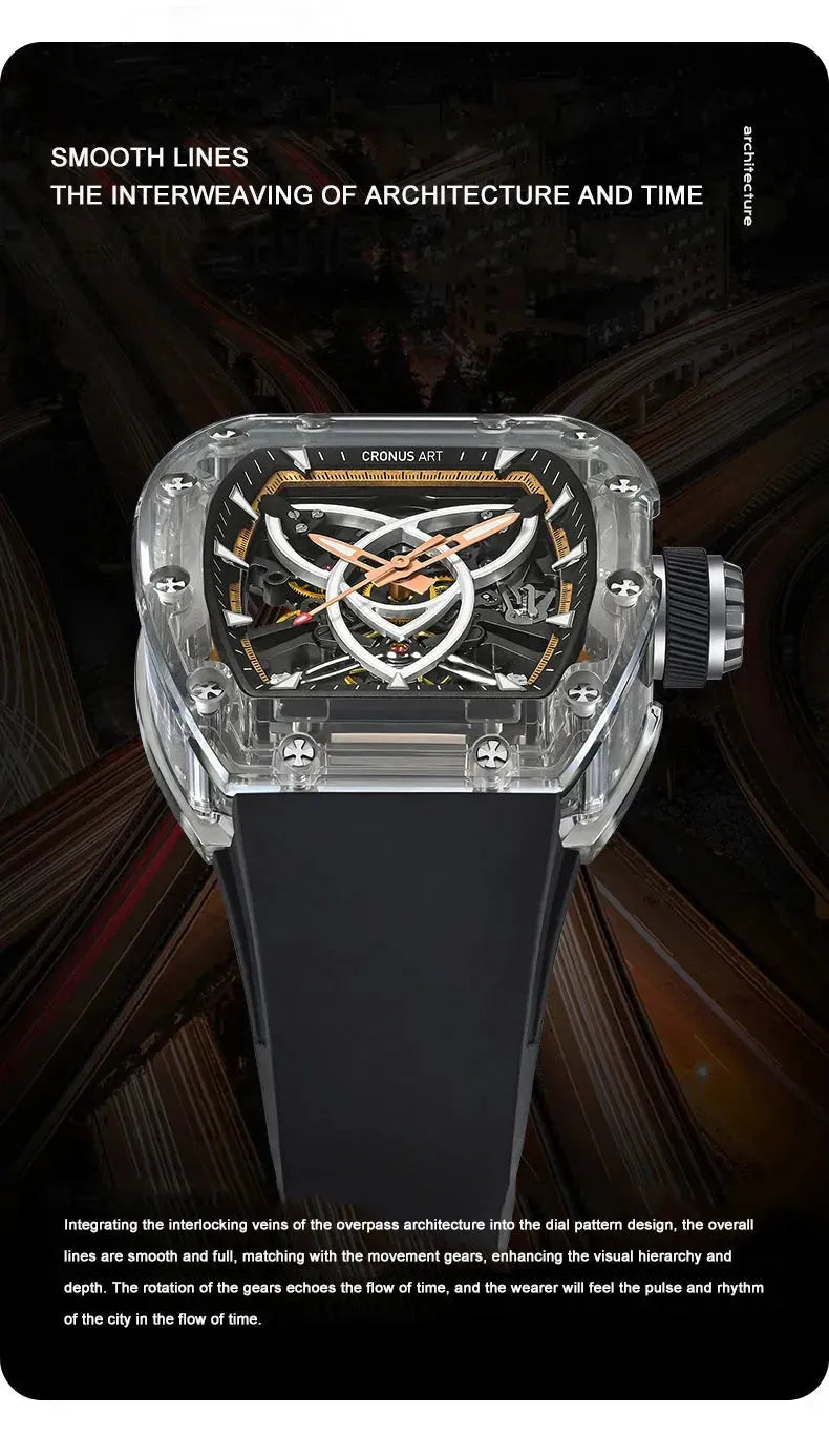 CRONUSART Men's Automatic Skeleton Watch - 50x42mm Tonneau Mechanical Wristwatch with Luminous Dial, Acrylic Case & Fluororubber Strap - Perfect for Business, Casual Wear & Special Occasions
