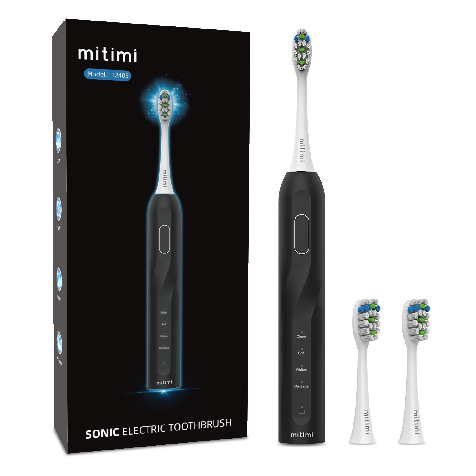 Mitimi T2405 Sonic Electric Toothbrush for Adults & Kids - 4 Brushing Modes, Smart Timer, IPX7 Waterproof - Perfect for Travel & Daily Oral Care (Black)