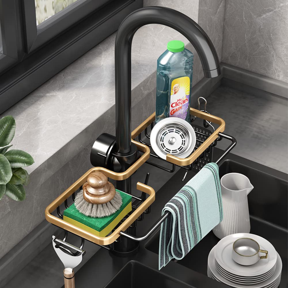WINGSIGHT Over the Sink Faucet Sponge Holder & Dishcloth Rack - Double Kitchen Sink Organizer, Golden - Perfect for Small Kitchen Spaces & Clutter-Free Sink Areas