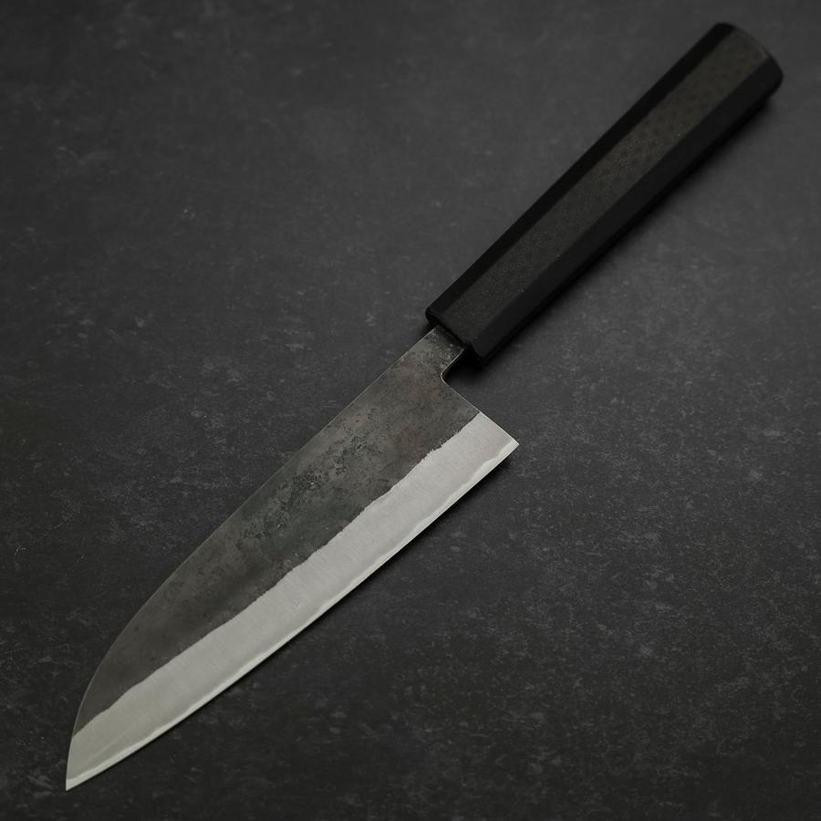 Premium Santoku Knife 165mm - Japanese Blue Steel #2 with Stainless Clad & Kurouchi Finish - Ergonomic Rubber Handle - Perfect for Slicing, Dicing, and Chopping Vegetables, Meat, and Fish