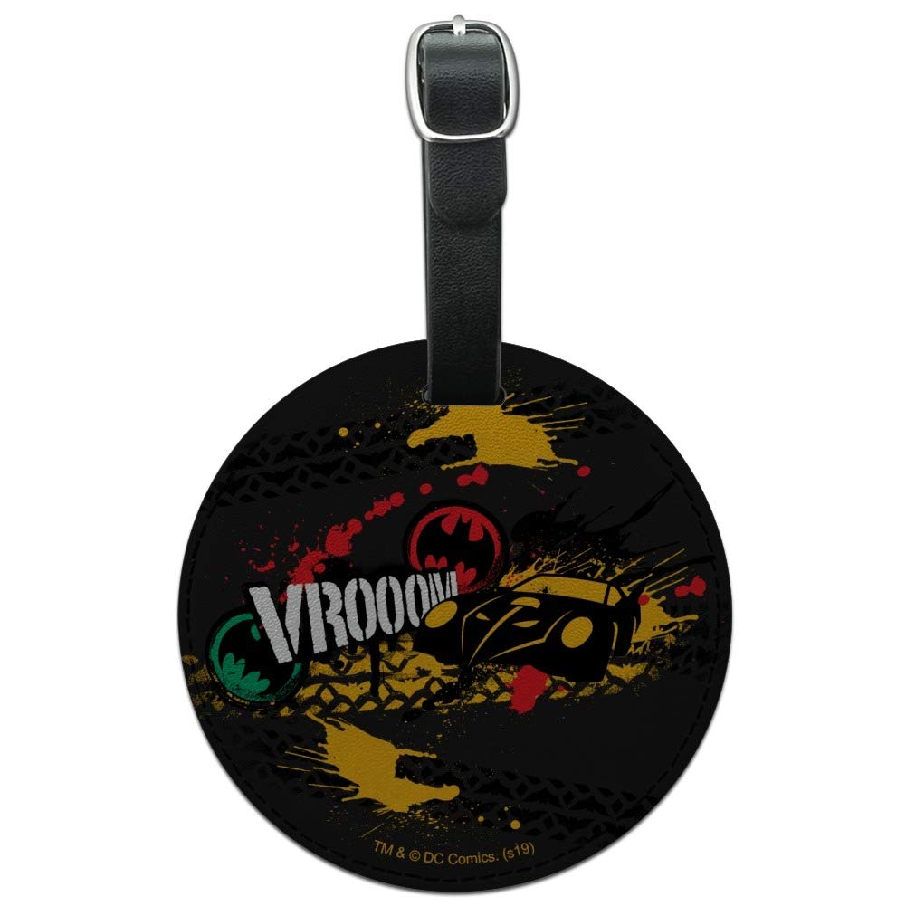 Batman Batmobile VROOOM Round Leather Luggage Tag - Durable Suitcase ID Tag for Carry-On Bags - Perfect for Travel, Cosplay & Superhero Fans