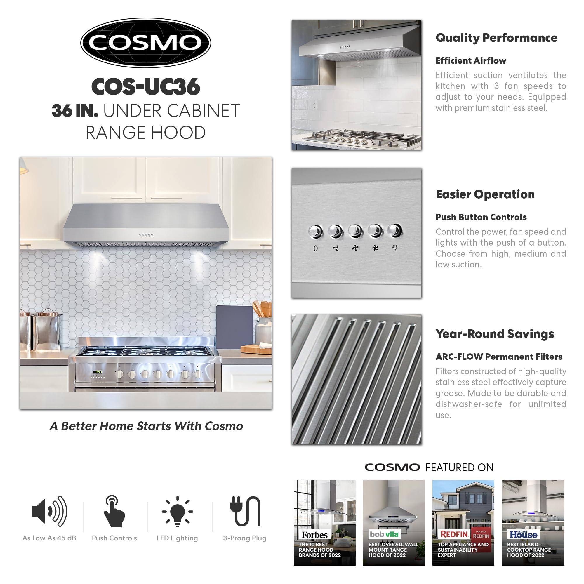 COSMO UC36 36-Inch Stainless Steel Under Cabinet Range Hood with 380 CFM Ducted Ventilation, LED Lights & Button Controls - Perfect for Modern Kitchens, Cooking, and Smoke Removal