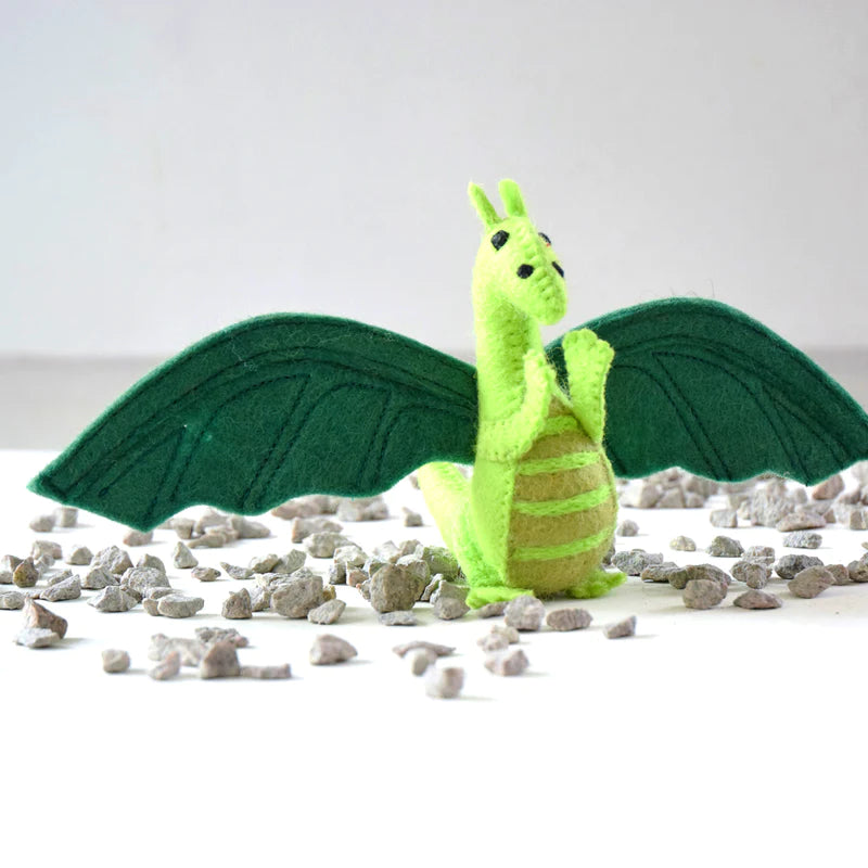 Green Felt Dragon Toy - Soft Plush Stuffed Animal for Kids, Fantasy Play, Nursery Decor, and Gift Ideas