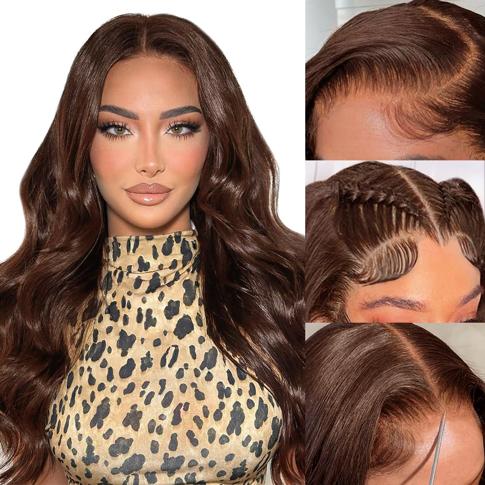 FTQZKEY 24 Inch Chocolate Brown Lace Front Human Hair Wig - 7x5 Pre-Plucked, 220% Density Body Wave for Women | Natural Look for Daily Wear, Cosplay & Special Occasions