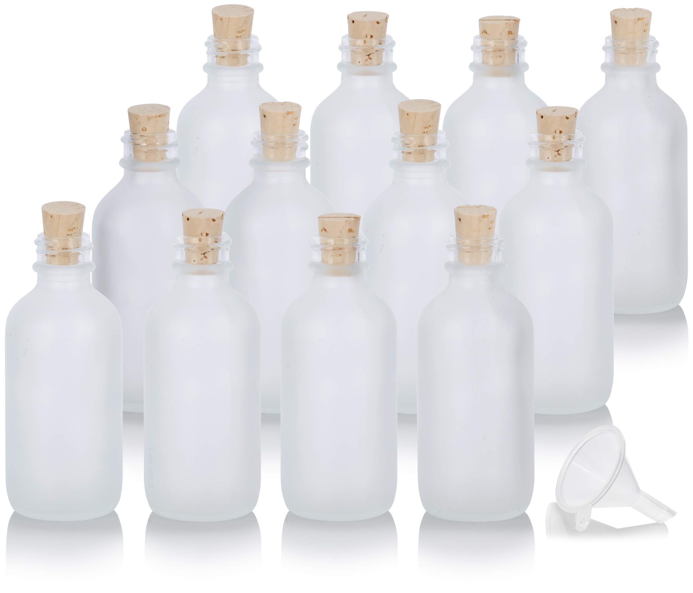 JUVITUS 12 Pack 2 oz Frosted Clear Glass Boston Round Bottles with Cork Stoppers & Funnel - Perfect for Essential Oils, DIY Crafts, and Home Brewing Storage