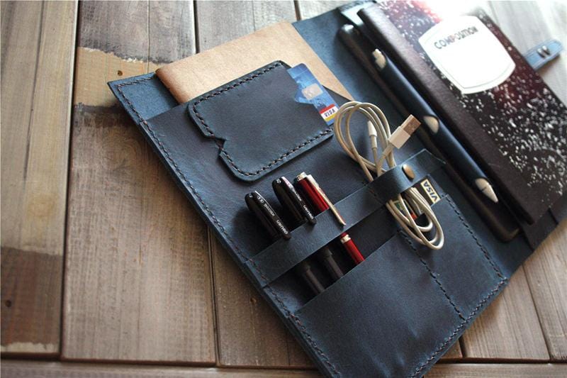Premium Blue Leather iPad Case with Notebook Holder - Stylish Portfolio Cover for Work, School & Travel