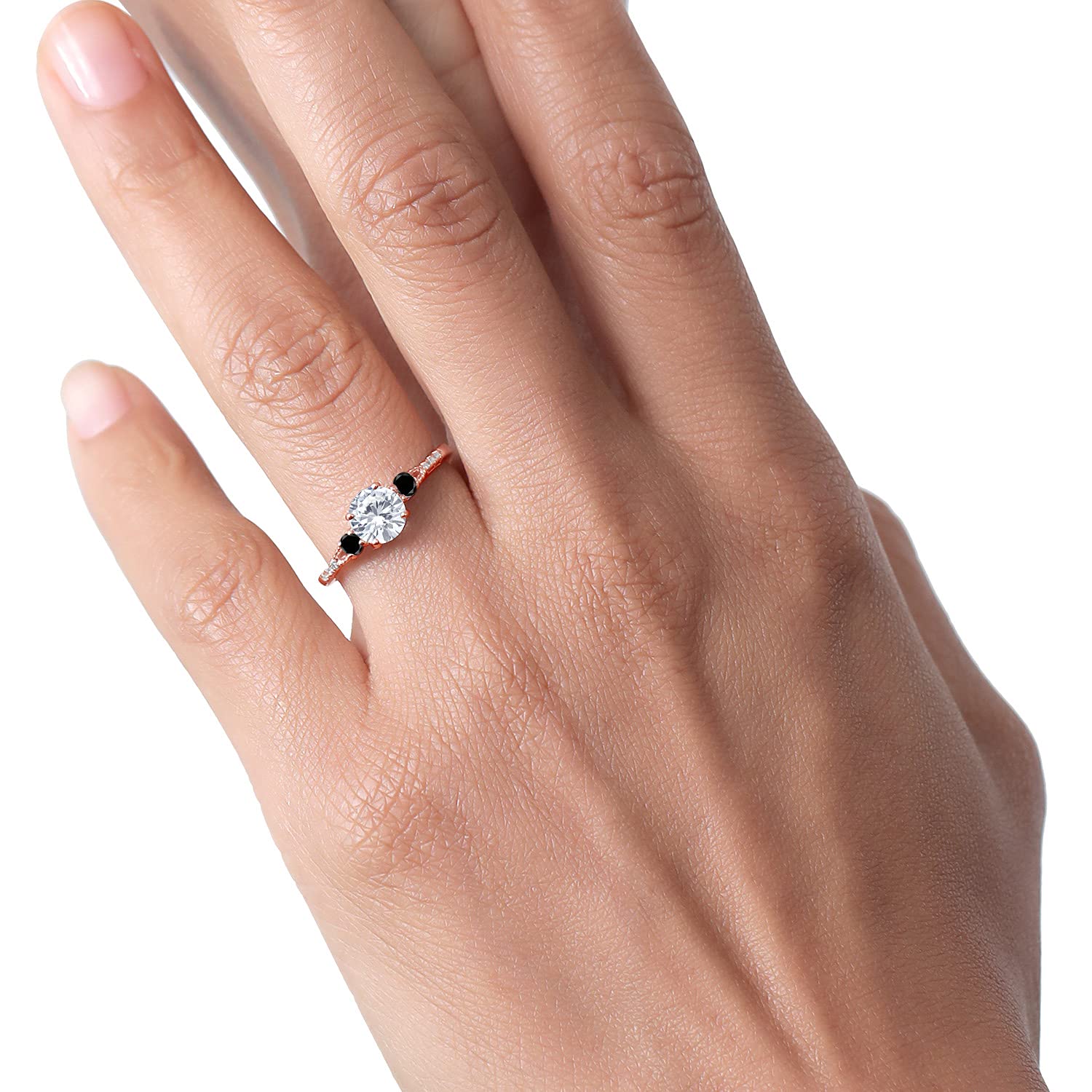 10K Rose Gold Moissanite Black & White Diamond 3-Stone Engagement Ring for Women - 0.97 CTTW, 6MM Round Cut (Perfect for Proposals, Anniversaries & Special Occasions)