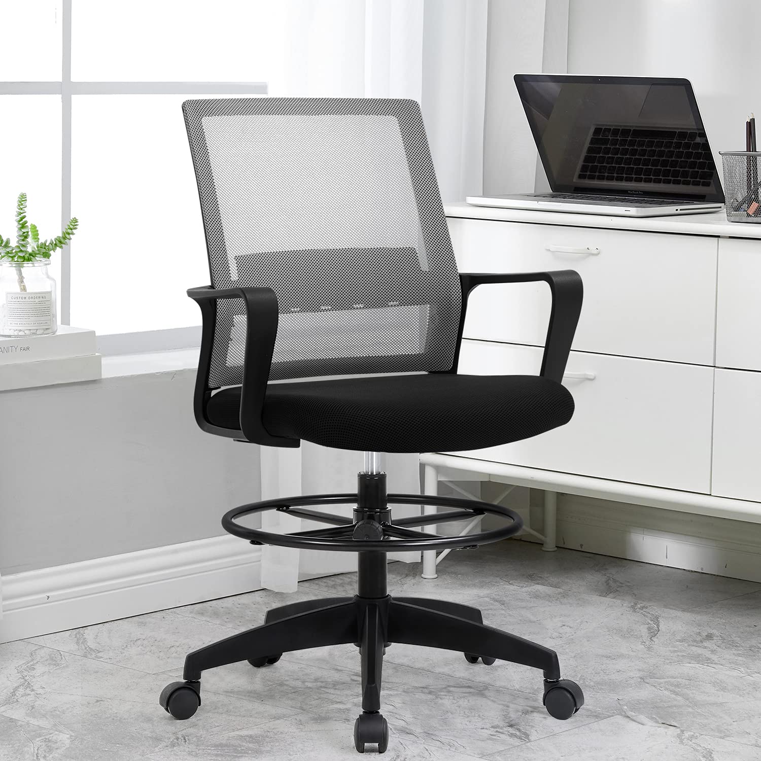 Ergonomic Mesh Drafting Chair with Adjustable Foot Ring - Tall Office Chair for Standing Desks, Mid-Back Support Computer Desk Chair (Grey) - Perfect for Architects, Artists & Long Work Sessions