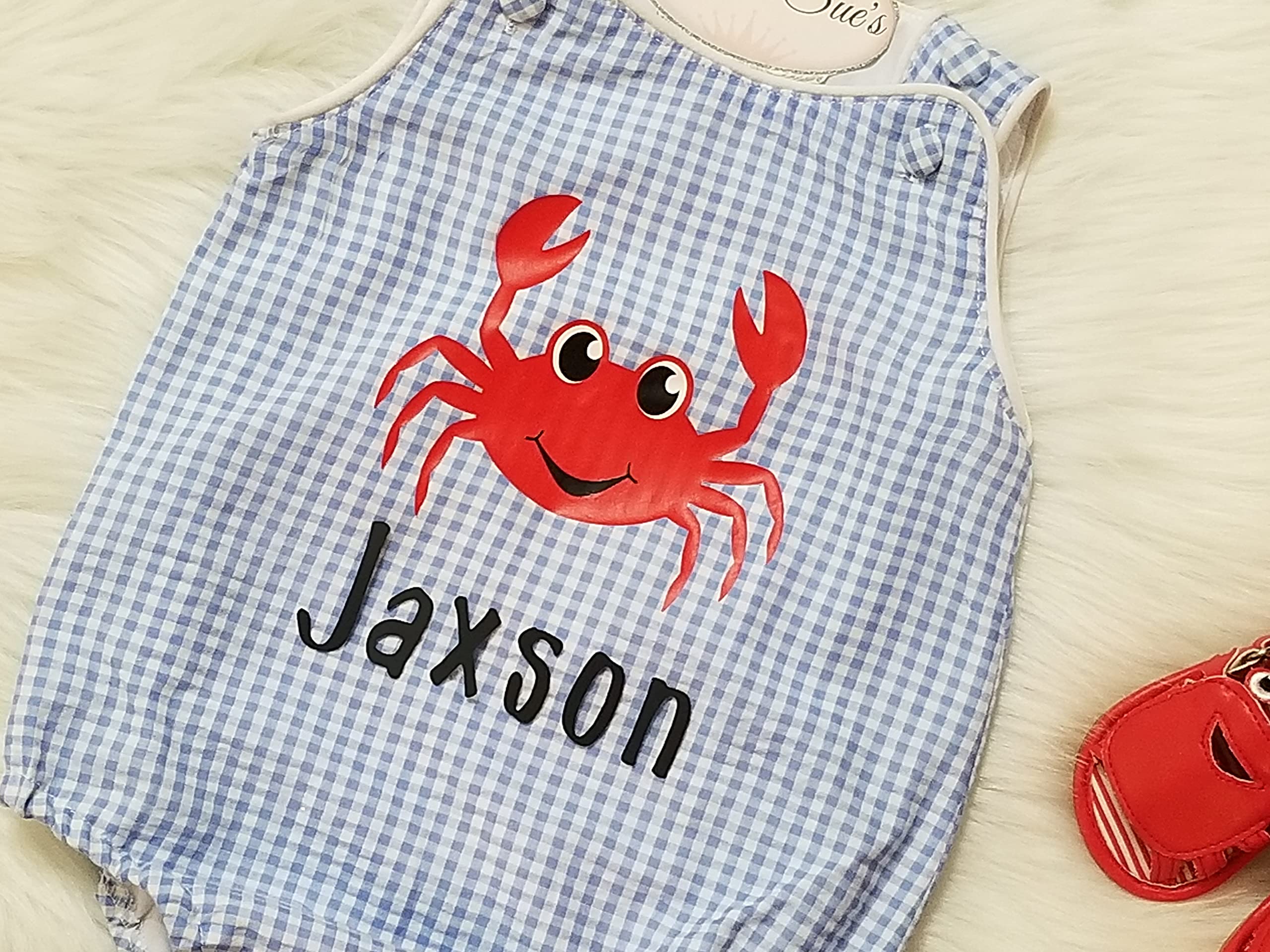 Personalized Crab Romper for Baby Boys - Blue Check Nautical Design, Perfect for Beach Outings, Birthday Parties & Cake Smash Photos | Adorable Toddler Outfit