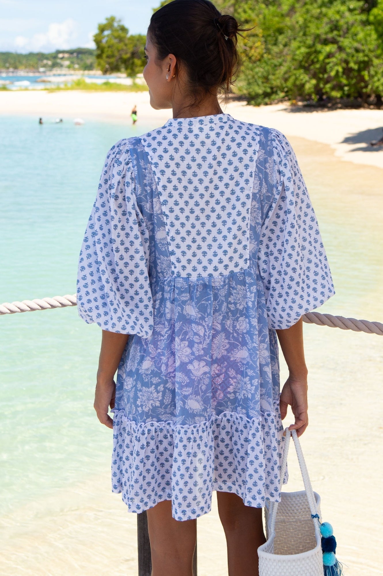 Marina Organic Cotton Print Mix Dress - Blossom Print Blue & White | Floral Summer Dress for Women, Casual & Beach Wear