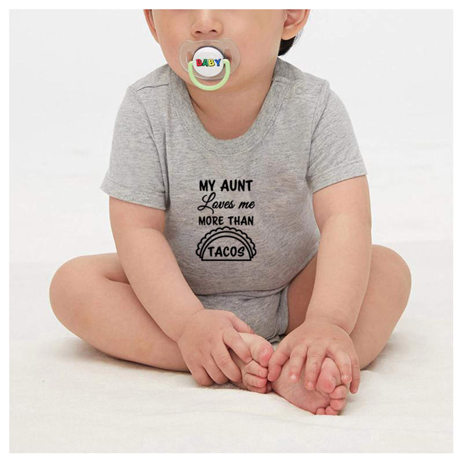 iDzn Pack of 2 Funny Baby Romper Bodysuits - 'Back Off! I Have A Crazy Aunt' & 'My Aunt Loves Me More Than Tacos' Infant Jumpsuit Outfits for Newborns, Baby Showers & Family Gatherings
