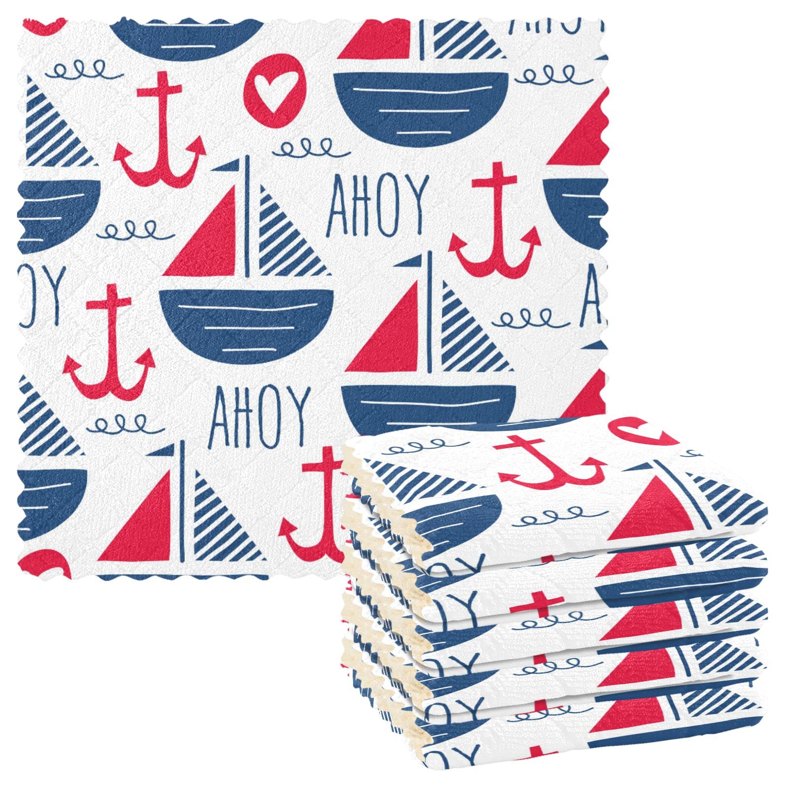 **6-Pack Absorbent & Reusable Dish Cloths - Soft Nonstick Kitchen Towels with Anchor & Sailboat Design - Washable & Decorative for Dishes, Countertops & Cooking**