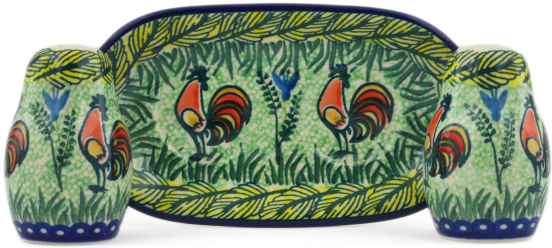 Authentic Polish Pottery Salt and Pepper Shaker Set - 3-Piece Ceramika Artystyczna Rooster Parade Theme Handmade UNIKAT with Certificate | Perfect for Kitchen, Dining Table & Gift Giving