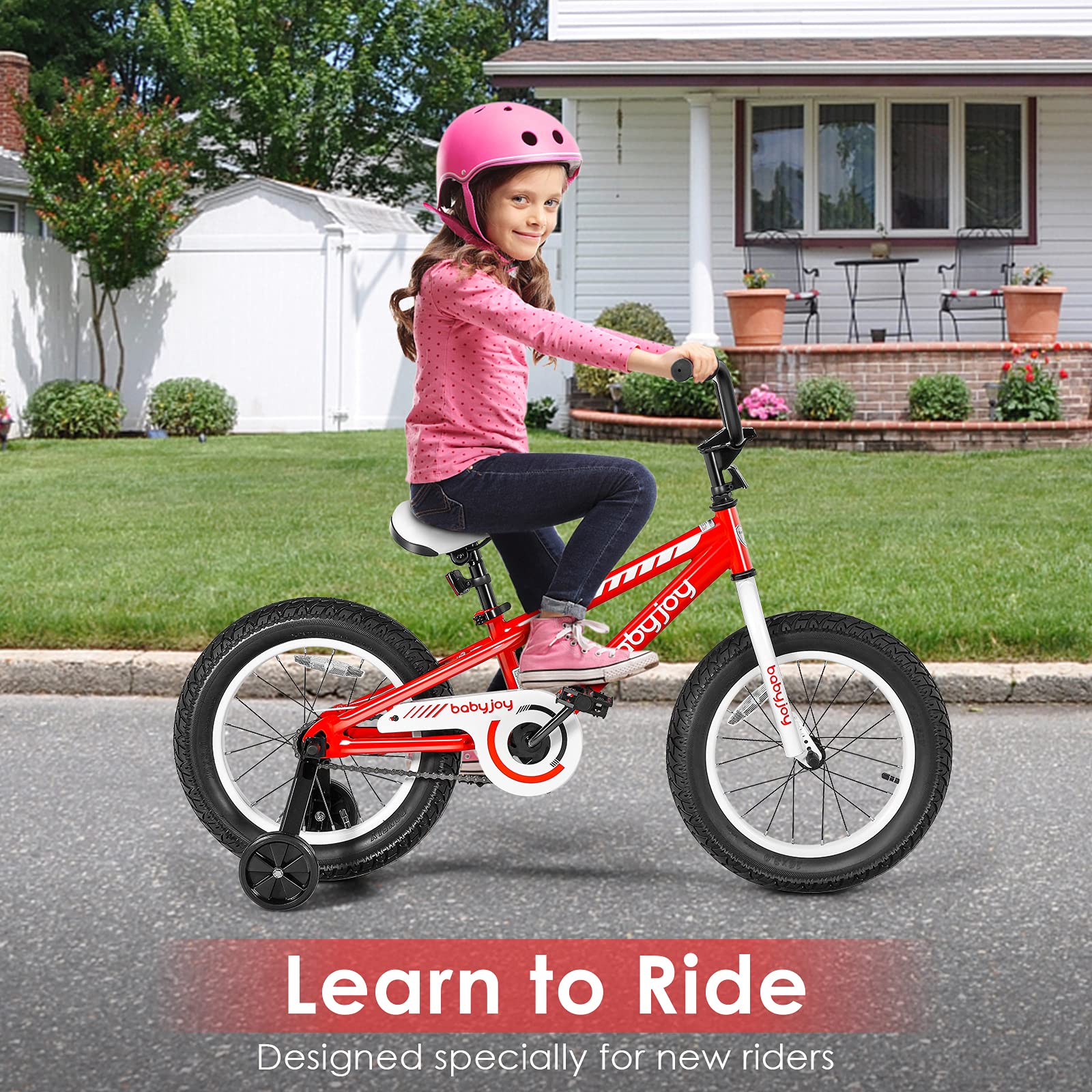 BABY JOY 16 Inch Kids Bike for Boys & Girls - Adjustable Seat, Removable Training Wheels & Safe Brake System - Ideal Bicycle for 5-8 Year Old Children - Perfect for Neighborhood Rides, Park Adventures & Learning to Cycle