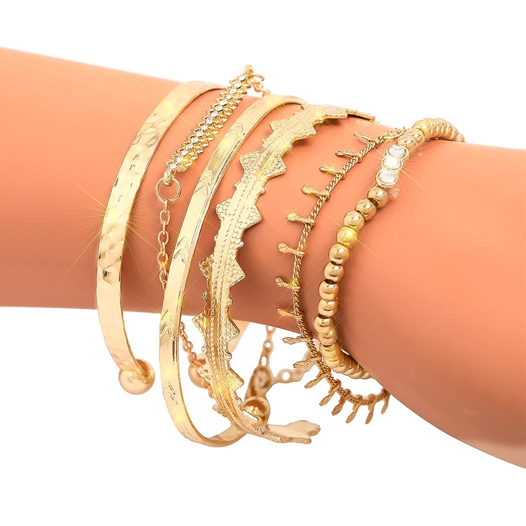 Boho Gold Cuff Bangles Bracelets Set - Stackable Layered Chain Bracelet with Rhinestones for Women (7Pcs) - Perfect for Casual Wear, Parties, and Boho Fashion Accessories
