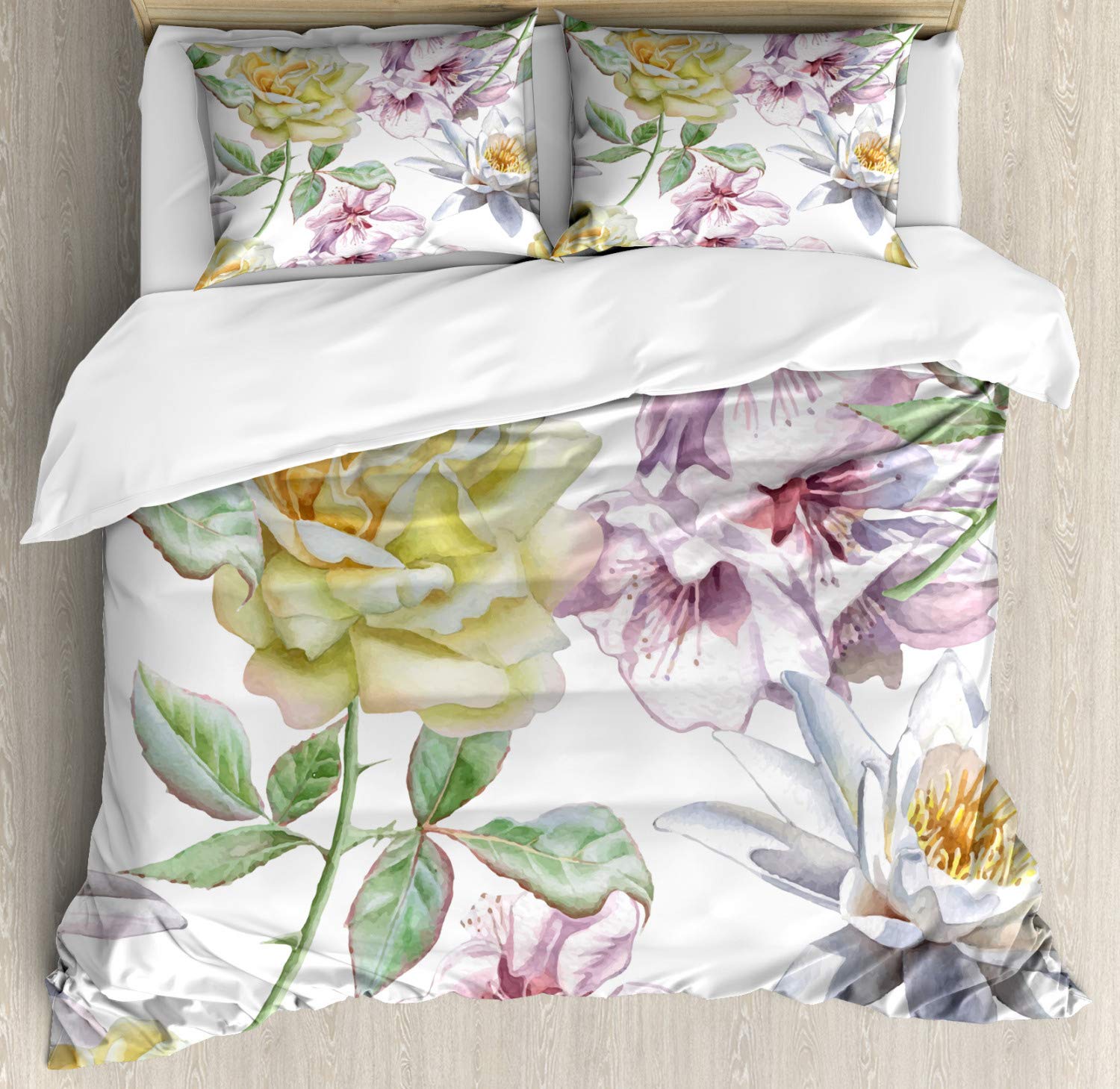 Ambesonne Floral Duvet Cover Set King Size - Romantic Rose Petals Sakura Lily Flowers Design, 2 Pack Bedding Set with 2 Duvet Covers & 4 Pillowcases in Fern Green & Pale Pink - Perfect for Master Bedroom, Guest Room, and Spring Home Decor