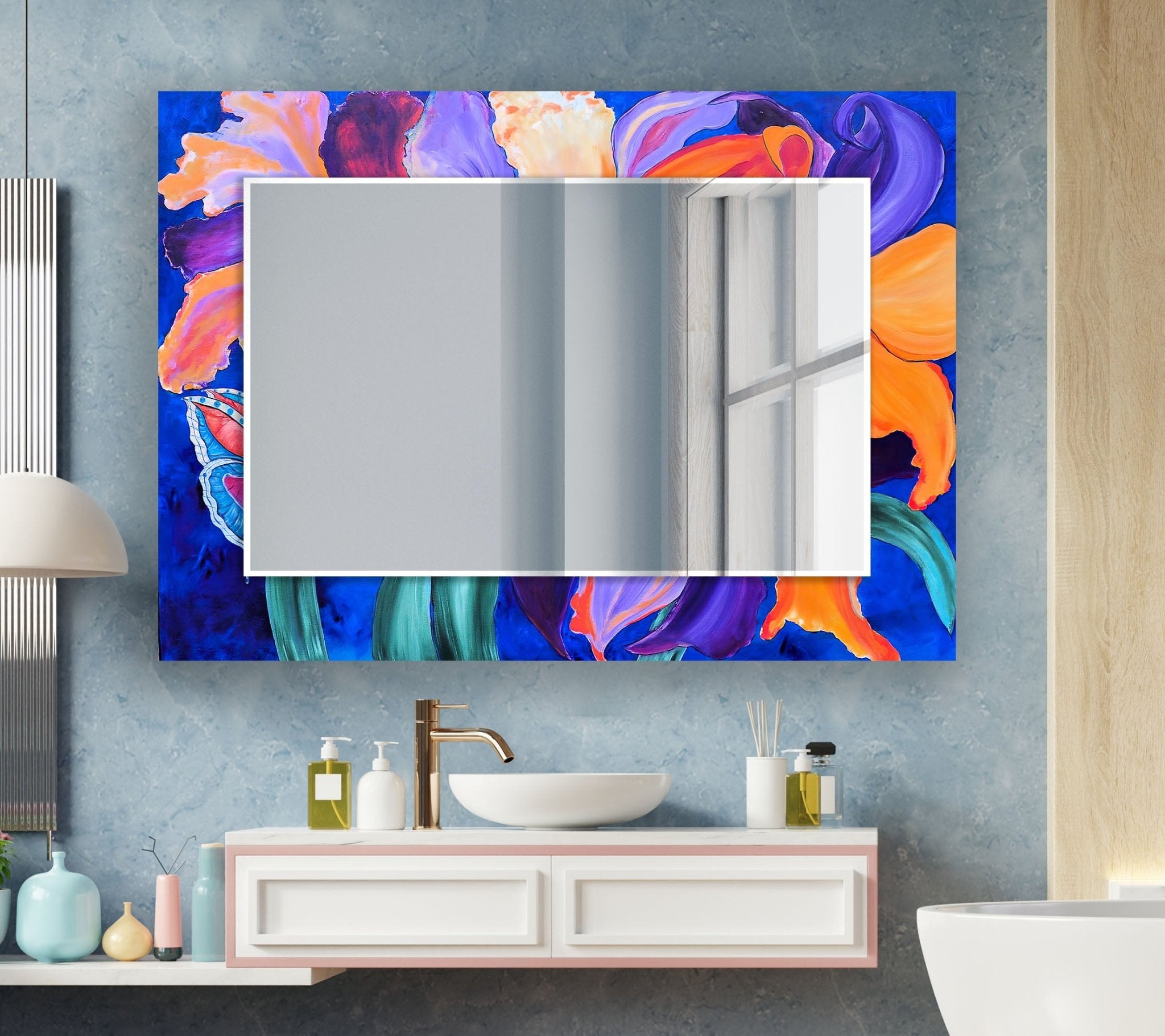 Abstract Purple Flower Painting Wall Mirror - Elegant Home Decor for Living Room, Bedroom & Bathroom | Perfect for Modern & Bohemian Interior Design