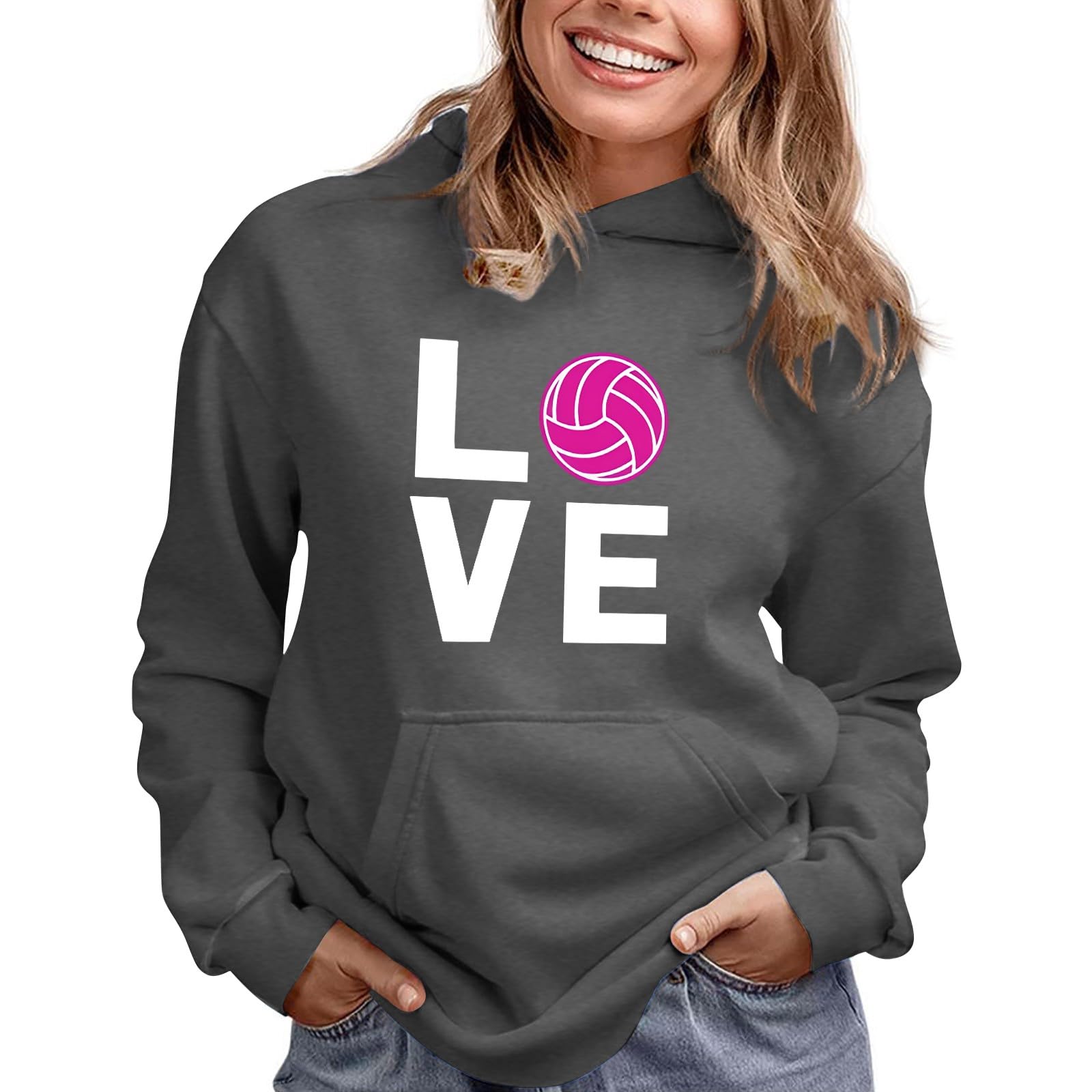 Valentine's Day Love Volleyball Long Sleeve Hoodie for Women - Cute Spring Going Out Outfits 2025 | Perfect for Valentine's Gifts, Date Nights & Volleyball Games