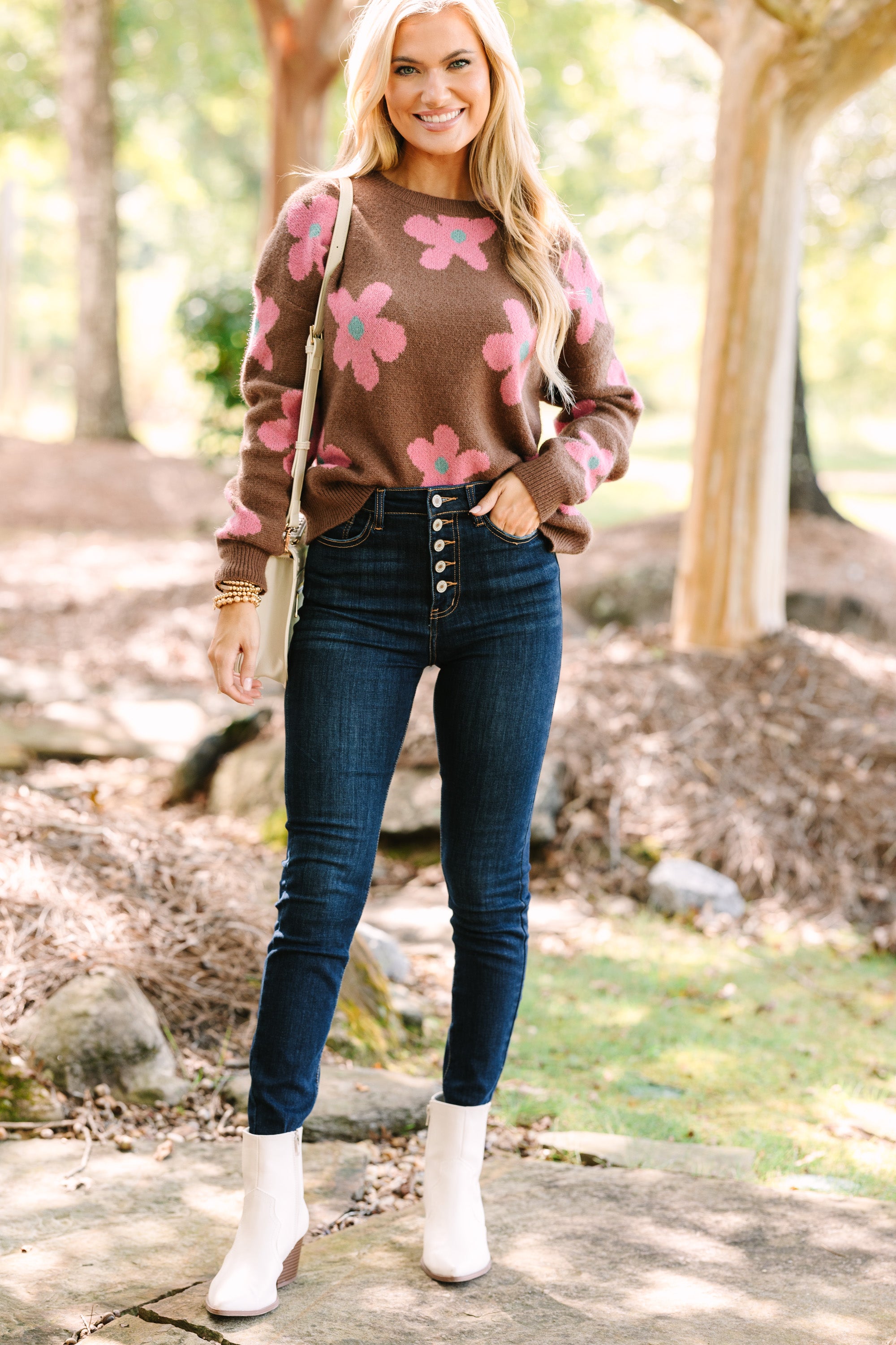 Brown Floral Sweater for Women - Soft Knit Pullover with Elegant Floral Pattern | Perfect for Fall Fashion, Casual Outfits & Cozy Layering