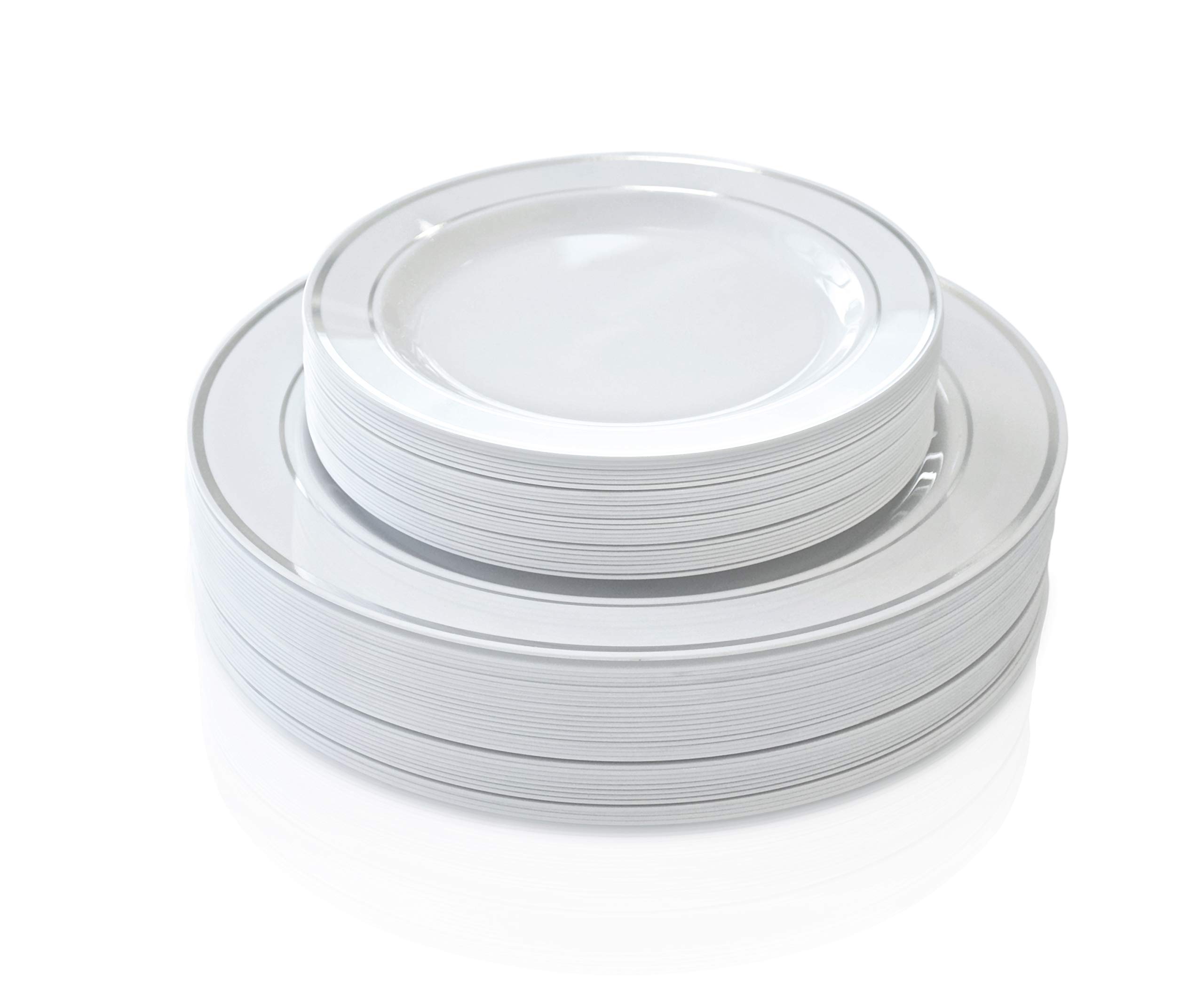 600 Pcs Wedding Disposable Plastic Plate & Silverware Set - White & Silver Rim Plates with Silver Cutlery - Perfect for Weddings, Parties, and Special Events