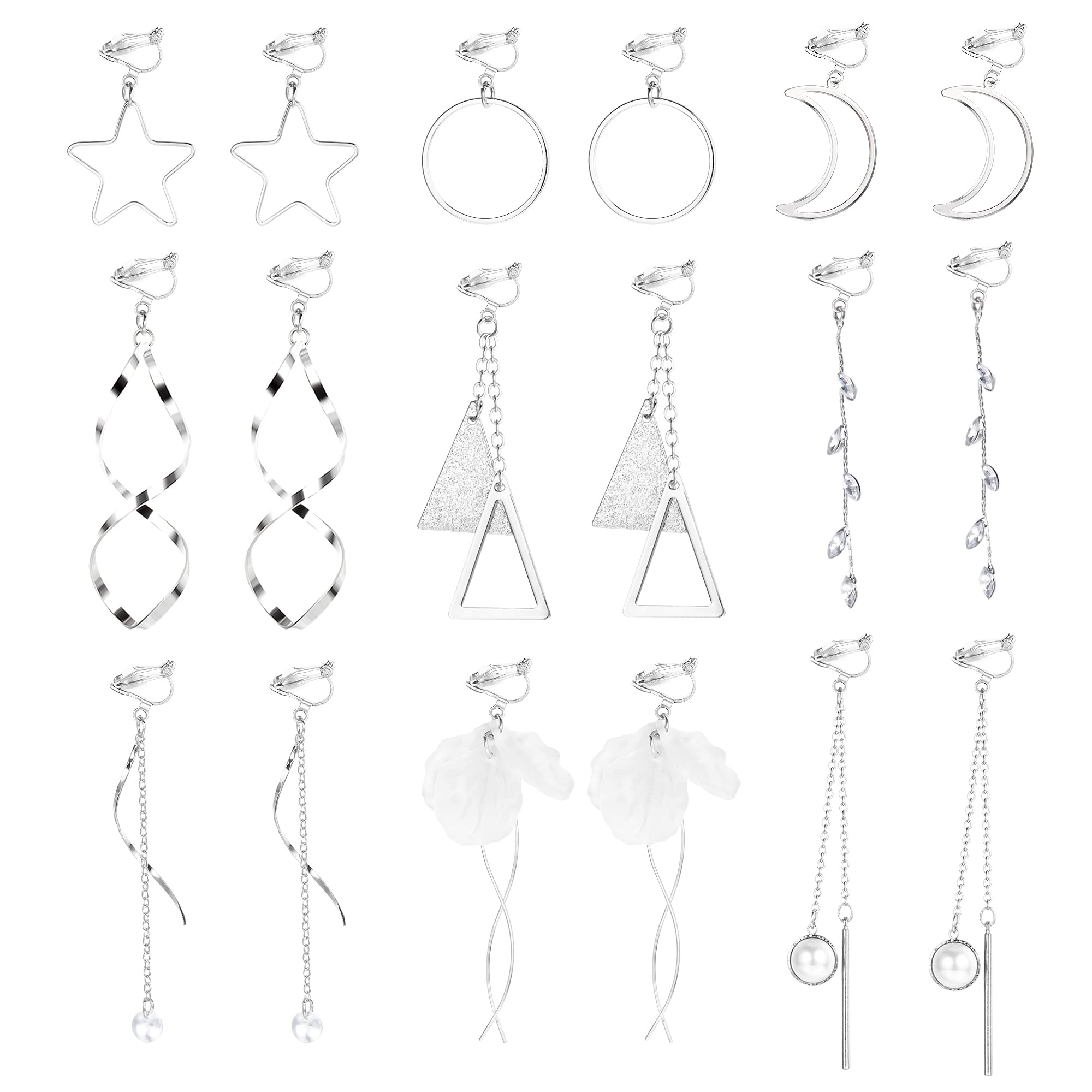 JeweBella 9 Pairs Clip-On Earrings for Women & Girls - Non-Pierced Dangle Earrings Set with Triangle, Star, Leaves, Tassel & Pearl Drops - Lightweight Silver Fashion Jewelry for Parties, Weddings & Daily Wear