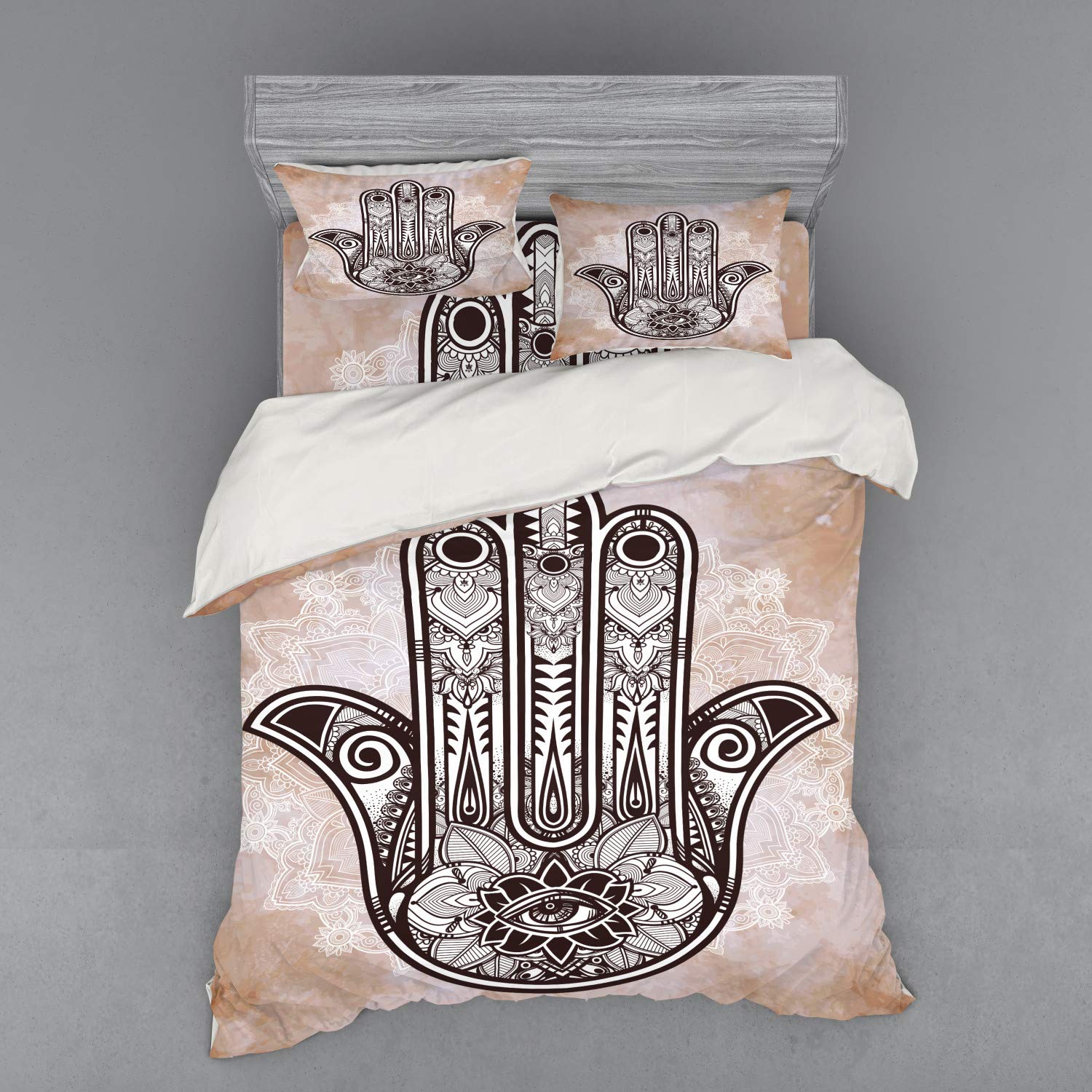 Ambesonne Hamsa Duvet Cover Set - Queen Size 4-Piece Bedding with Shams & Fitted Sheet, Grunge Mandala Evil Eye Design in Brown & Cream | Bohemian Home Decor for Bedroom, Guest Room & Dorm