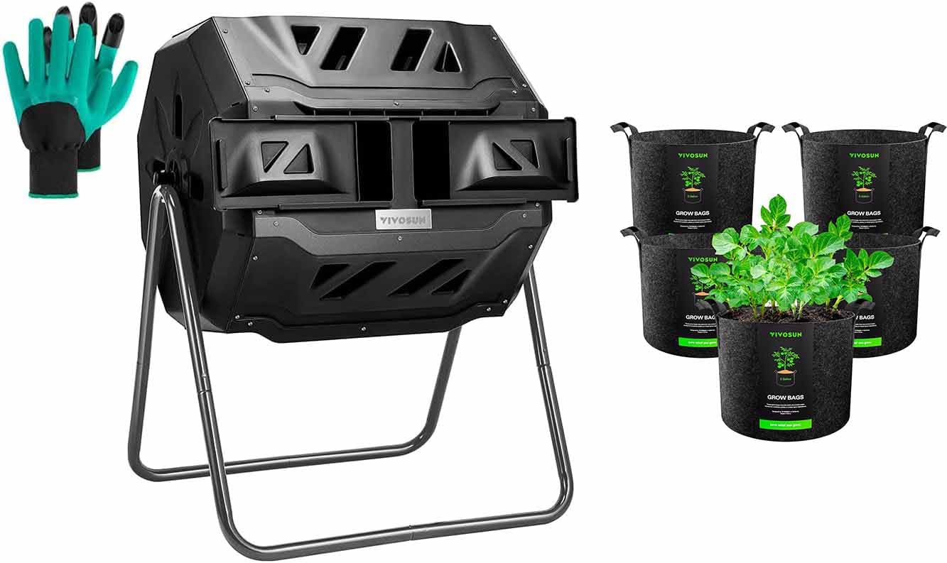 VIVOSUN 43 Gallon Dual Rotating Tumbling Composter Bin - Heavy Duty 300G Thickened Nonwoven Fabric - Includes 5-Pack 5 Gallon Grow Bags - Perfect for Organic Waste Recycling, Gardening, and Eco-Friendly Composting at Home
