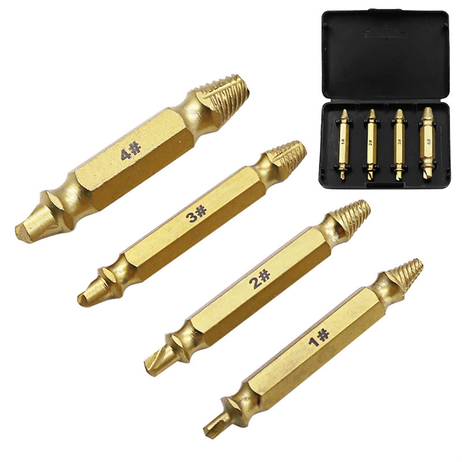Titanium Plated Drill Bits & Damaged Screw Extractor Set - 5pcs High-Speed Steel Bolt Stud Stripped Screw Remover Tool Kit for DIY Home Repair, Automotive, and Metalworking Projects