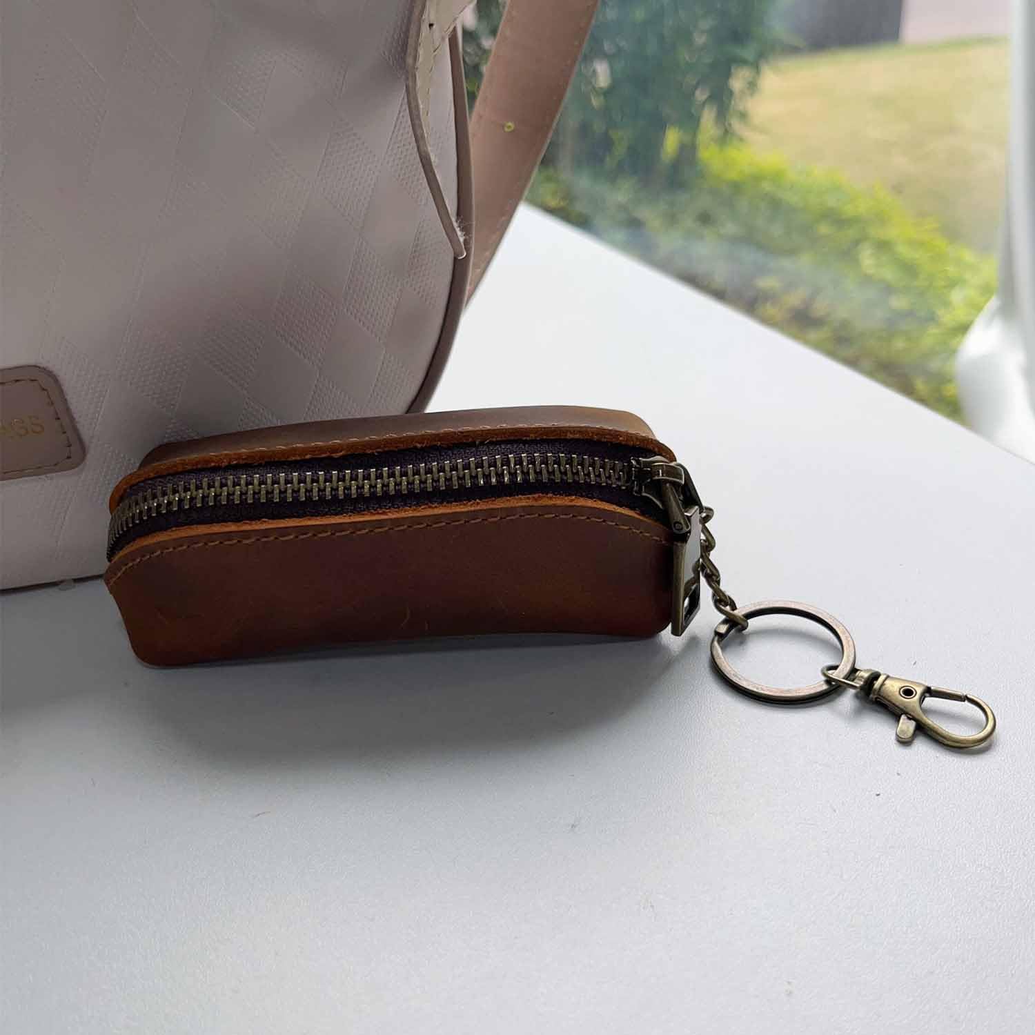 Genuine Leather Coin Purse with Metal Hook & Key Ring - Zipper Coin Wallet for Men & Women - Compact Keychain Holder for Cash, Cards & Keys (Brown) - Perfect for Travel, Daily Use & Gift Giving