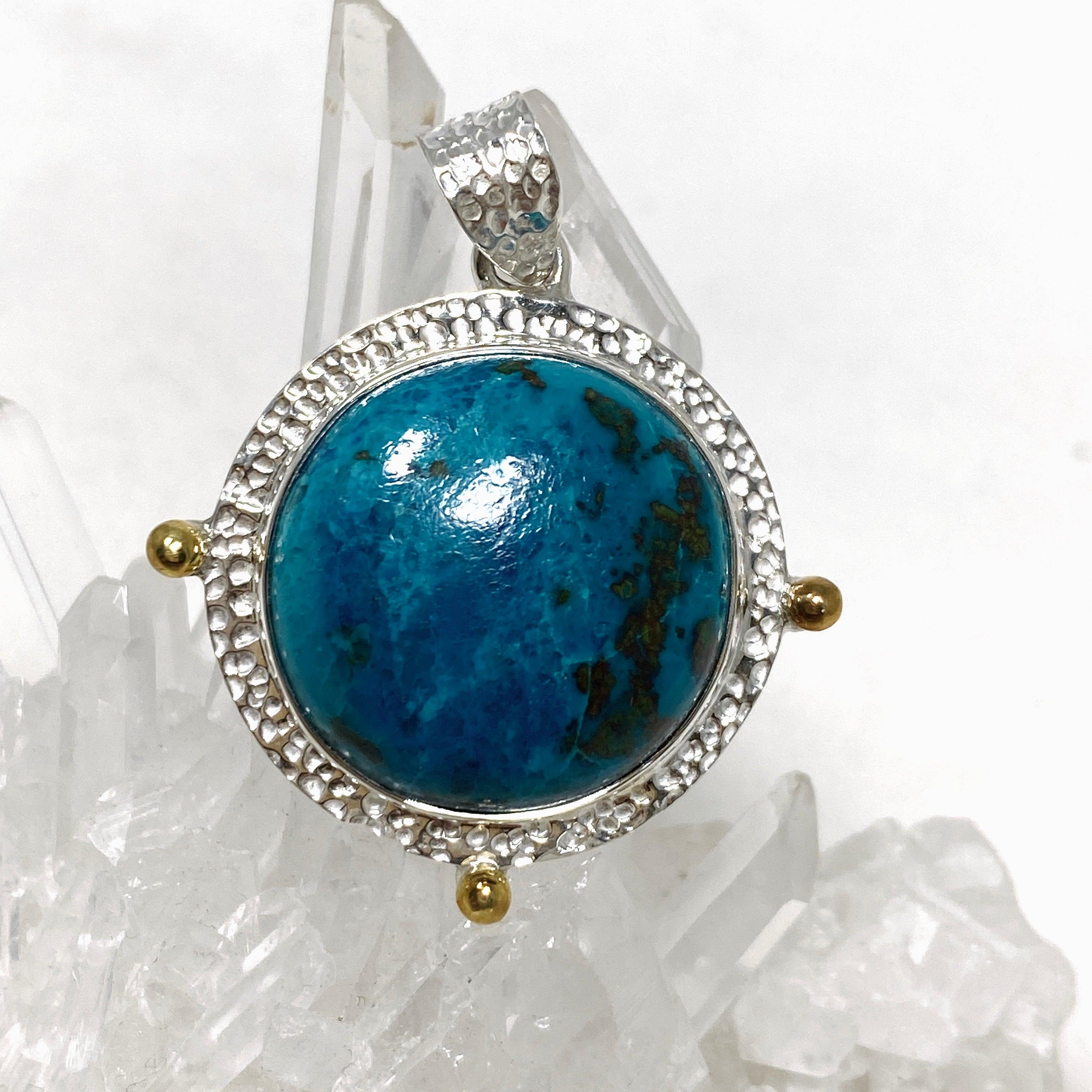 Chrysocolla with Shattuckite Round Pendant Necklace - Handmade Gemstone Jewelry KPGJ4424 | Spiritual Healing, Meditation & Boho Fashion Accessory