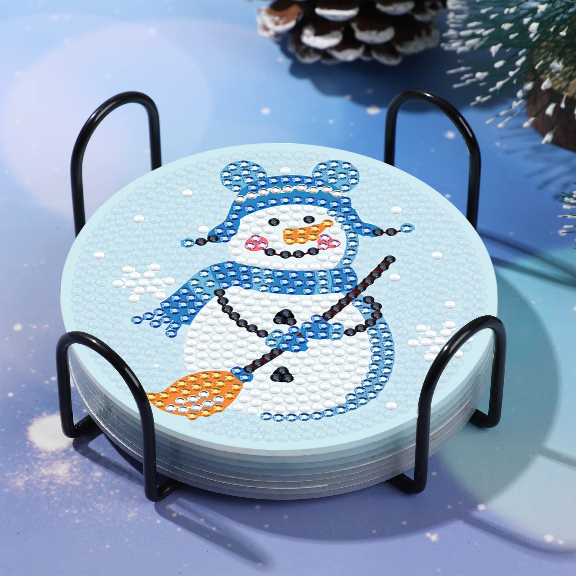 8 PCS Snowman Diamond Painting Coasters - 5D Diamond Art Winter Coasters with Cork Base & Holder - Christmas Party Decor, DIY Craft for Beginners & Adults - Perfect for Holiday Gifts, Home Decor & Table Setting