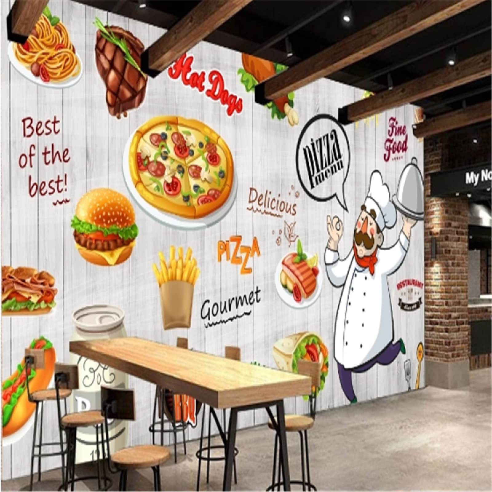 3D Wooden Wall Background Wallpaper - Burger Pizza Hot Dogs Fast Food Theme for Restaurant & Snack Bar Decor (250x175 cm) - Perfect for Diner, Cafe, and Food Truck Interior Design