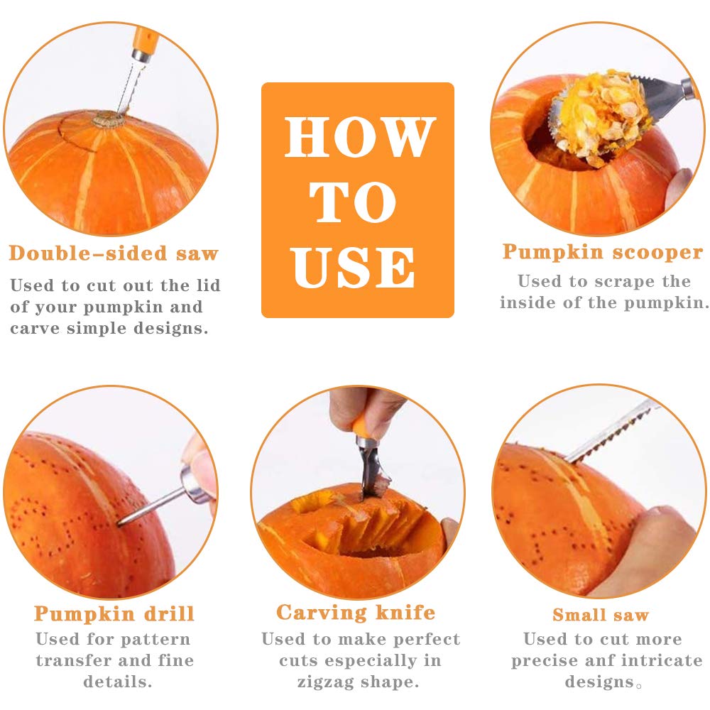 Halloween Pumpkin Carving Kit - 5 Piece Stainless Steel Pumpkin Carving Tools Set for Kids & Adults - Durable Pumpkin Carving Knives, Scoop & Stencils for Halloween Decorations & Pumpkin Carving Contests