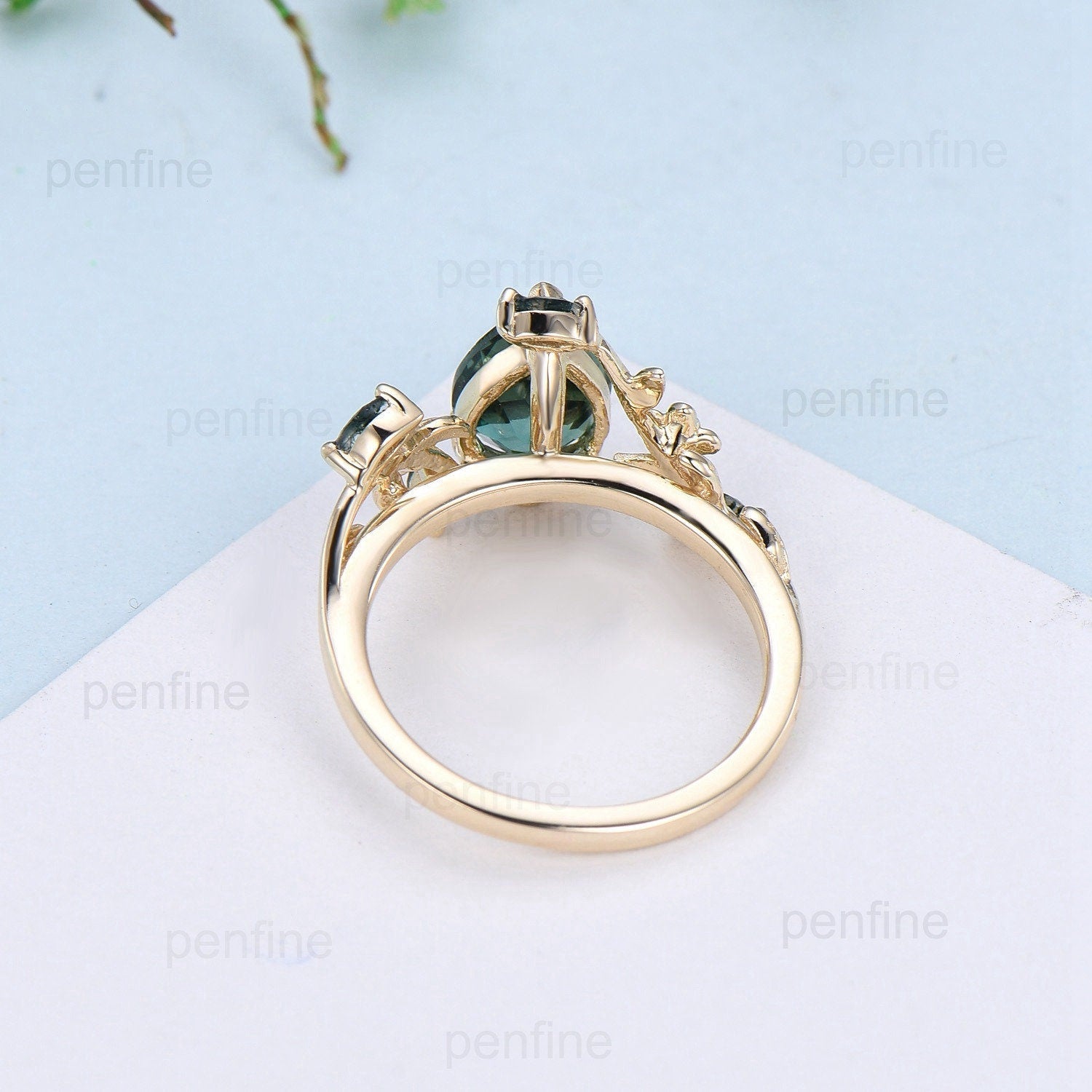 Elegant Pear Lab Paraiba Engagement Ring - Nature Inspired Floral Ring with Green Agate - Wedding & Anniversary Gift - Emerald Branch Leaf Vine Design for Bridal, Proposal & Special Occasions