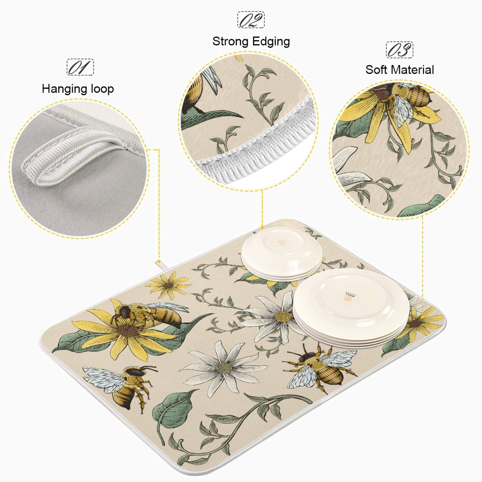 Retro Honey Bees and Flowers Dish Drying Mat - 18x24 Inch Soft, Foldable, Absorbent Kitchen Countertop Pad | Perfect for Drying Dishes, Utensils, and Protecting Countertops