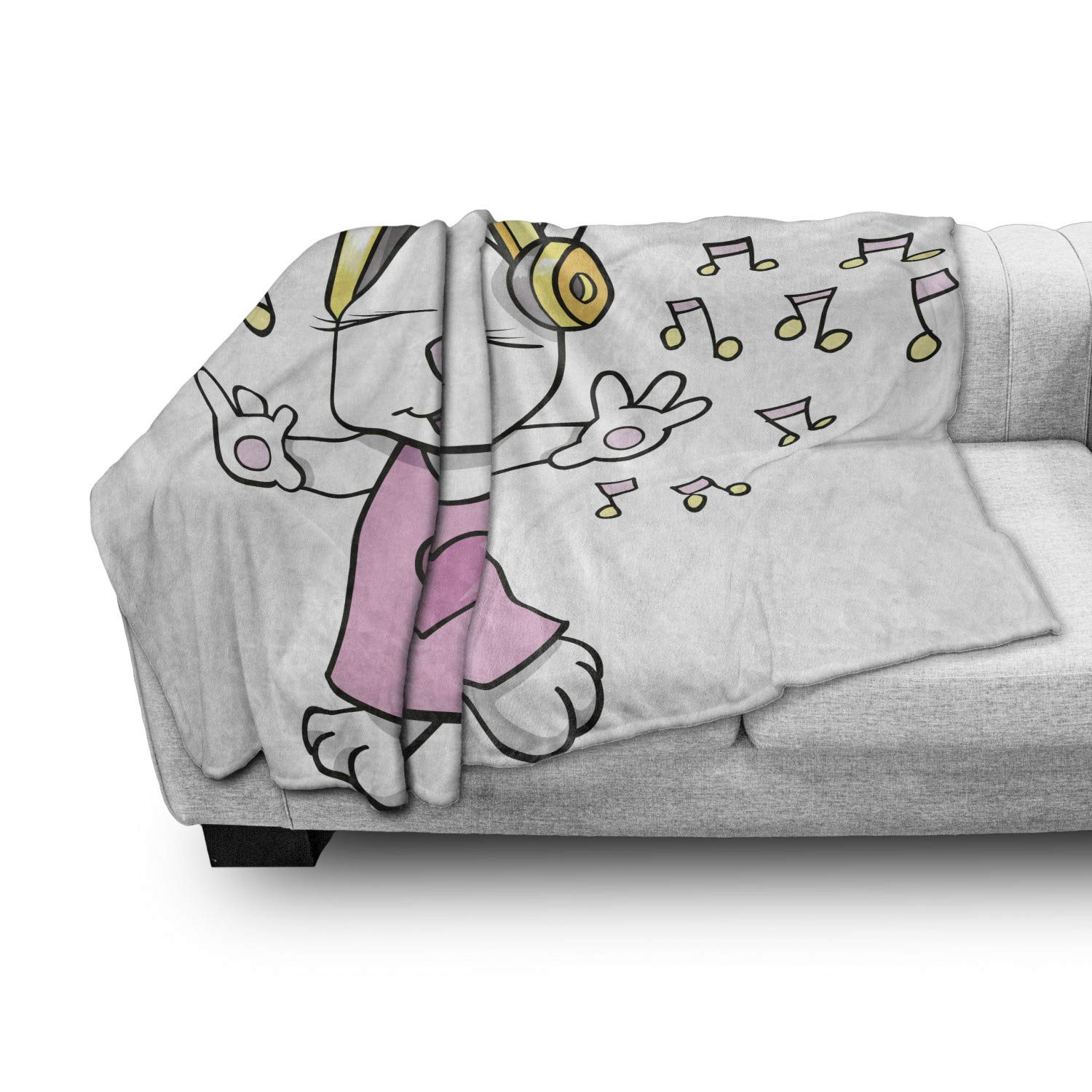 Ambesonne Bunny Throw Blanket - Rock Star Rabbit with Music Notes & Heart Cartoon Design, Soft Flannel Fleece Accent Piece for Couch, Bed, or Gift, 50