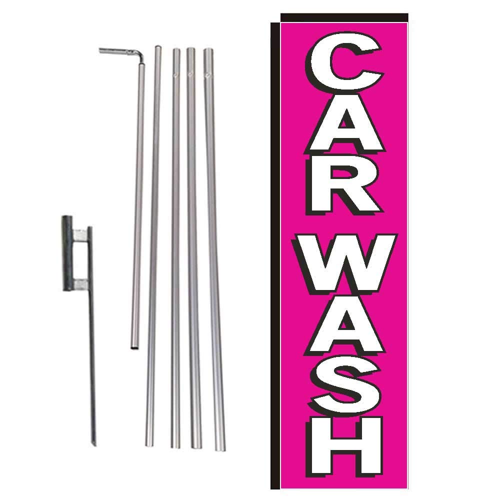 Pink Rectangle Feather Banner Flag with Pole Kit & Ground Spike - Car Wash, Auto Detailing & Hand Wash Advertising - Perfect for Car Wash Businesses, Auto Shops & Detailing Services