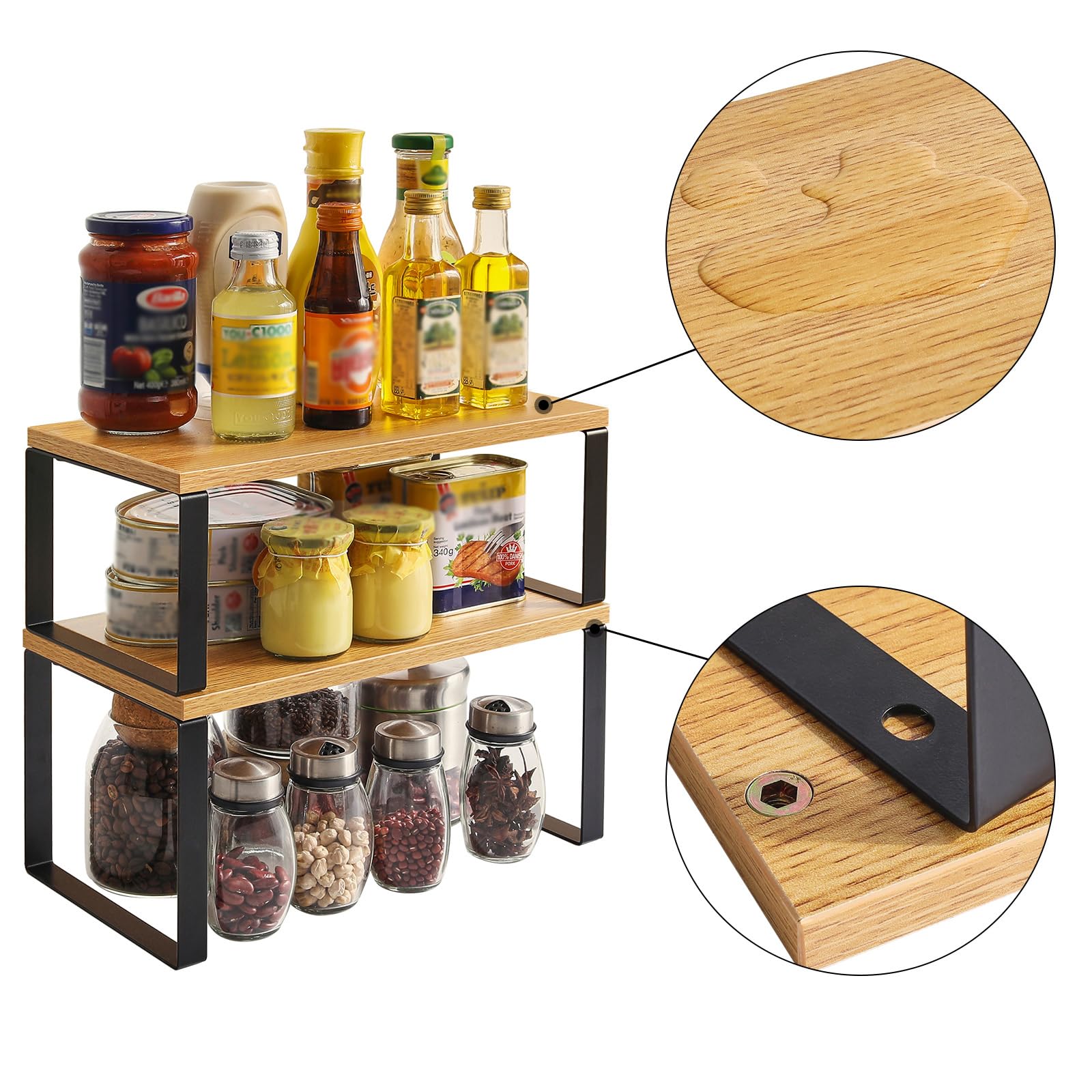 YMYNY 2-Pack Stackable Cabinet Shelf Organizer - Natural Metal Kitchen Spice Rack for Countertop, Cupboard, Pantry & Bathroom Storage | Space-Saving Solution for Spices, Cosmetics & Small Items