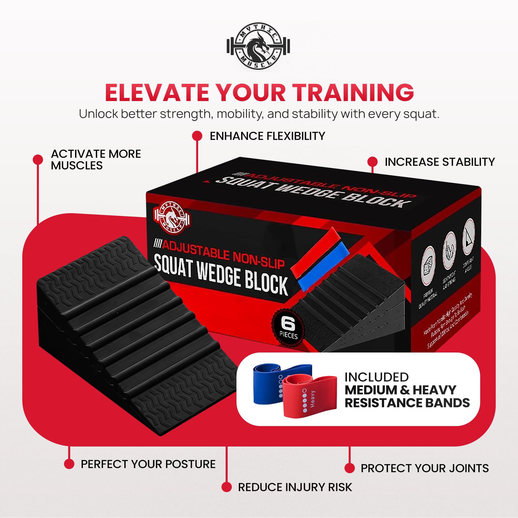 Adjustable Squat Wedges for Heels - 6-Piece Stackable Exercise Wedge for Elevated Squats, Non-Slip Squat Blocks for Strength & Balance Training - Durable 1200 lbs Capacity with Resistance Bands & Carry Bag - Perfect for Home Gym, CrossFit, and Weightlifting Workouts