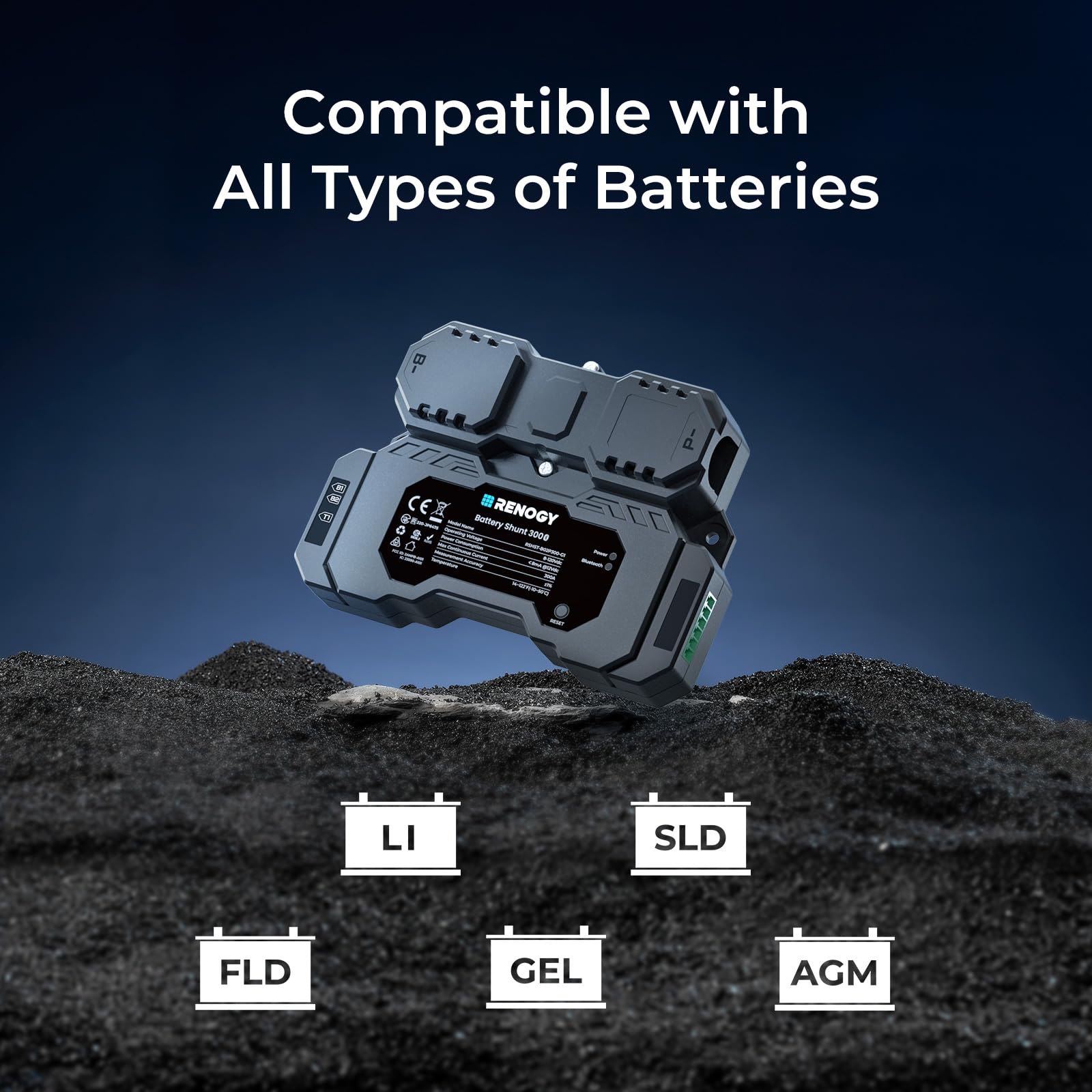 Renogy 300A Battery Monitor Shunt with LCD Display - Accurate Voltage & Current Tracking for RV, Marine, Solar Power Systems