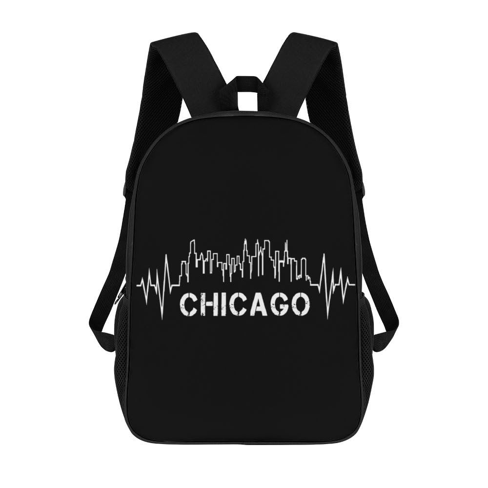 IOEDTHBJ Chicago Skyline Heartbeat Backpack - 17 Inch Laptop Backpack for Men & Women, 3D Printed School & Work Computer Bag - Perfect for College, Office & Travel