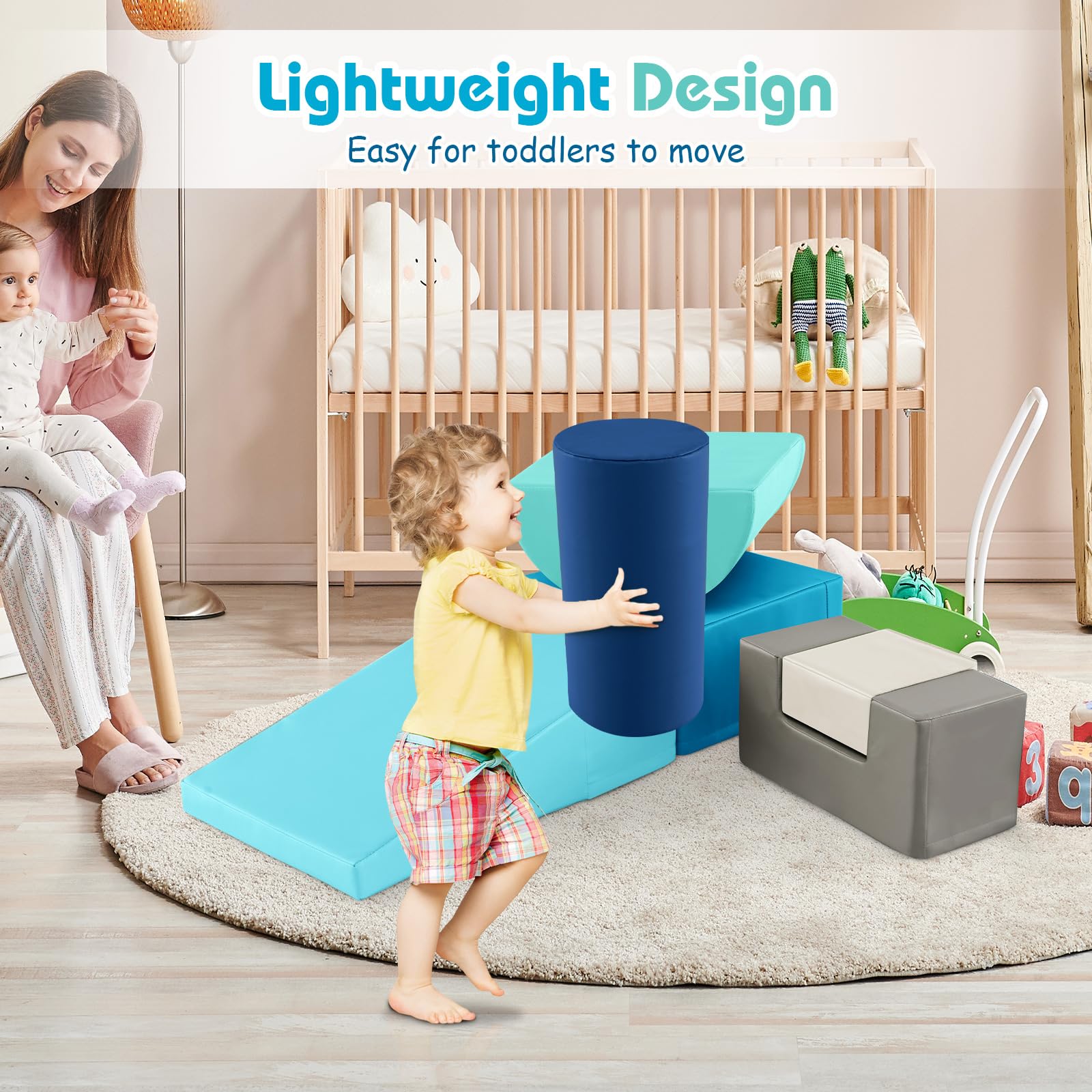 KOTEK 6-Piece Soft Foam Play Set for Toddlers - Climbing Blocks, Crawling Tunnels & Slide - Safe Indoor Playground Equipment for Babies & Kids (Blue & Grey) - Perfect for Playrooms, Daycares & Home Fun